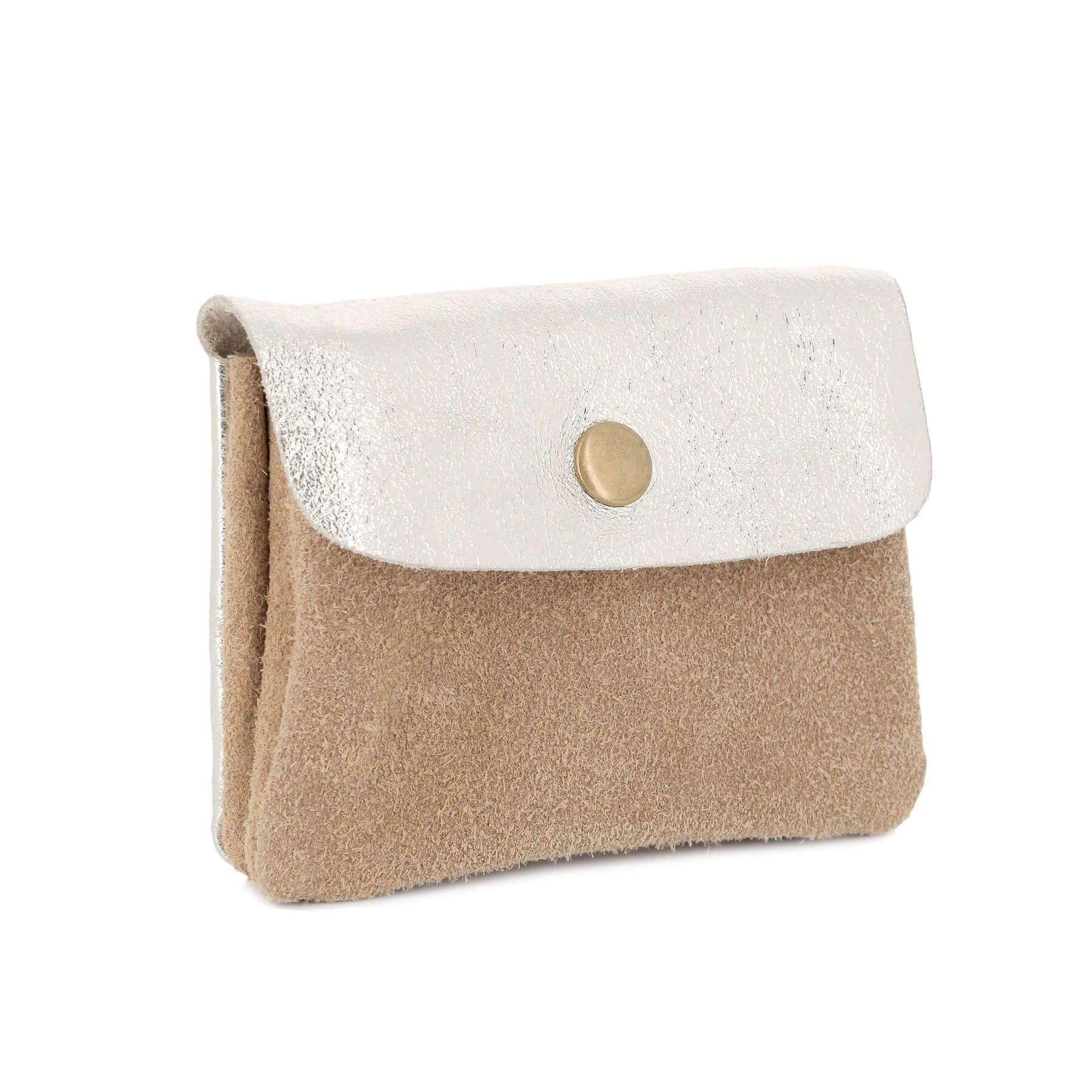 Made in Italy Petit Porte-Monnaie Cartes Cuir Véritable Suède Irisé A 2 Tons Femme Taupe