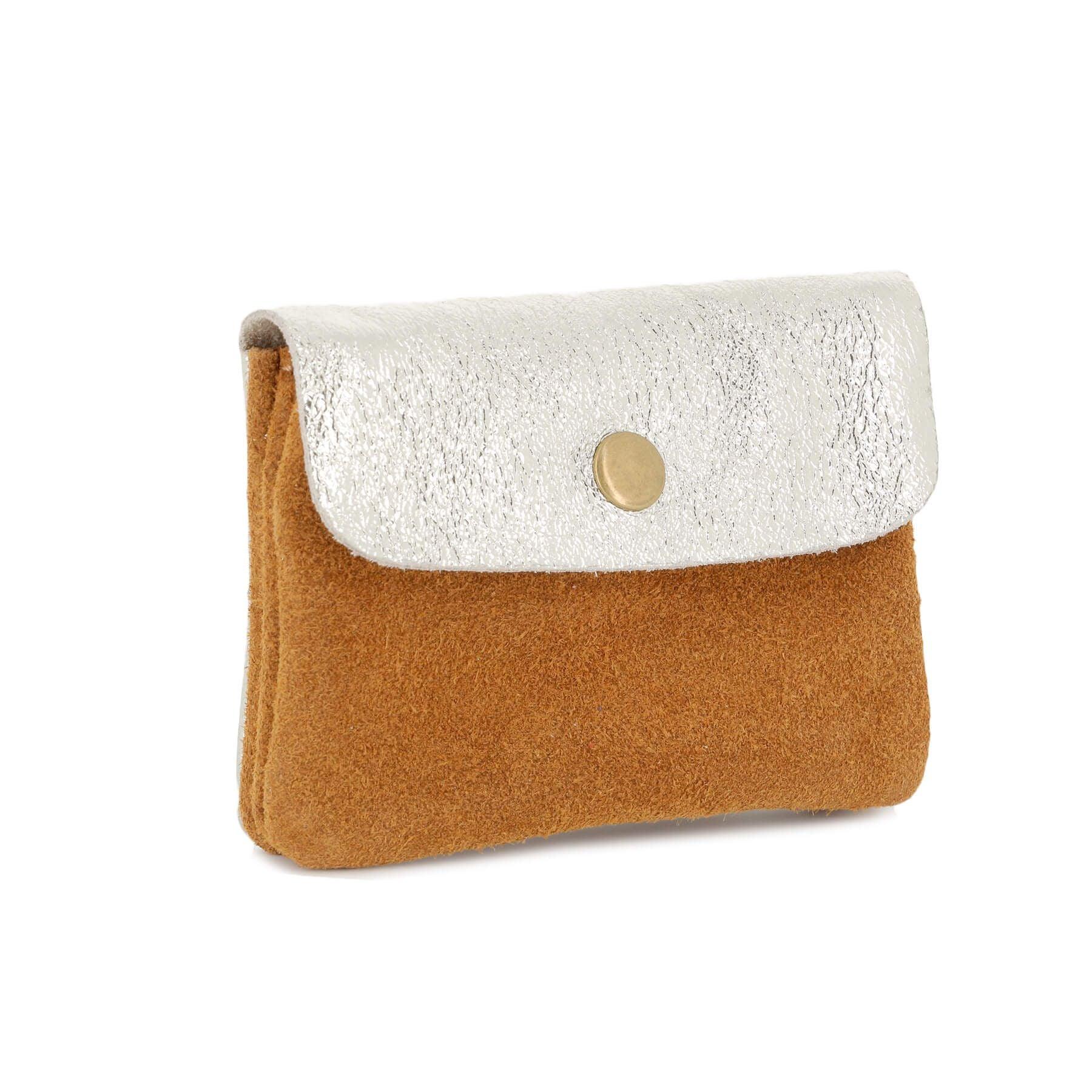 Made in Italy Petit Porte-Monnaie Cartes Cuir Véritable Suède Irisé A 2 Tons Femme Camel