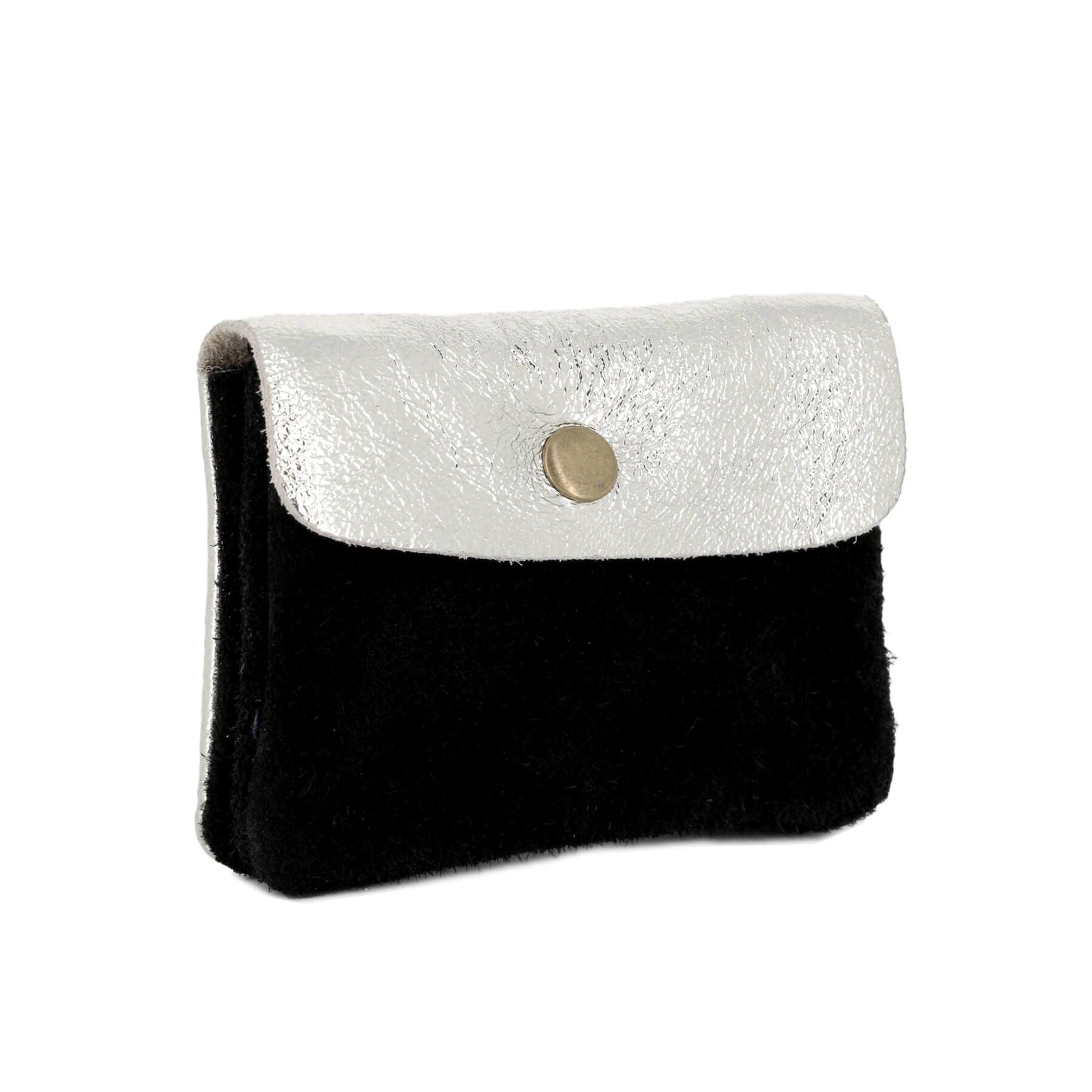 Made in Italy Petit Porte-Monnaie Cartes Cuir Véritable Suède Irisé A 2 Tons Femme Noir