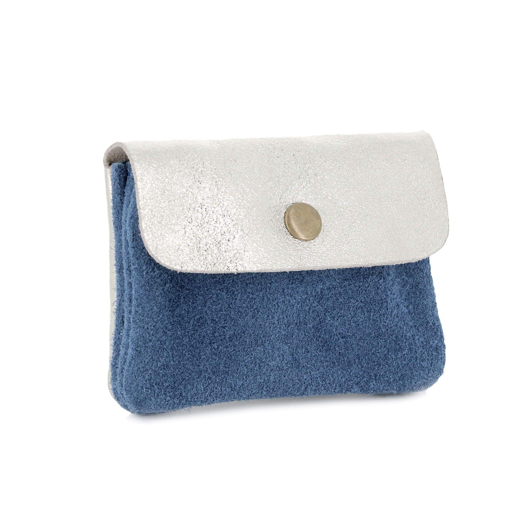 Made in Italy Petit Porte-Monnaie Cartes Cuir Véritable Suède Irisé A 2 Tons Femme Bleu