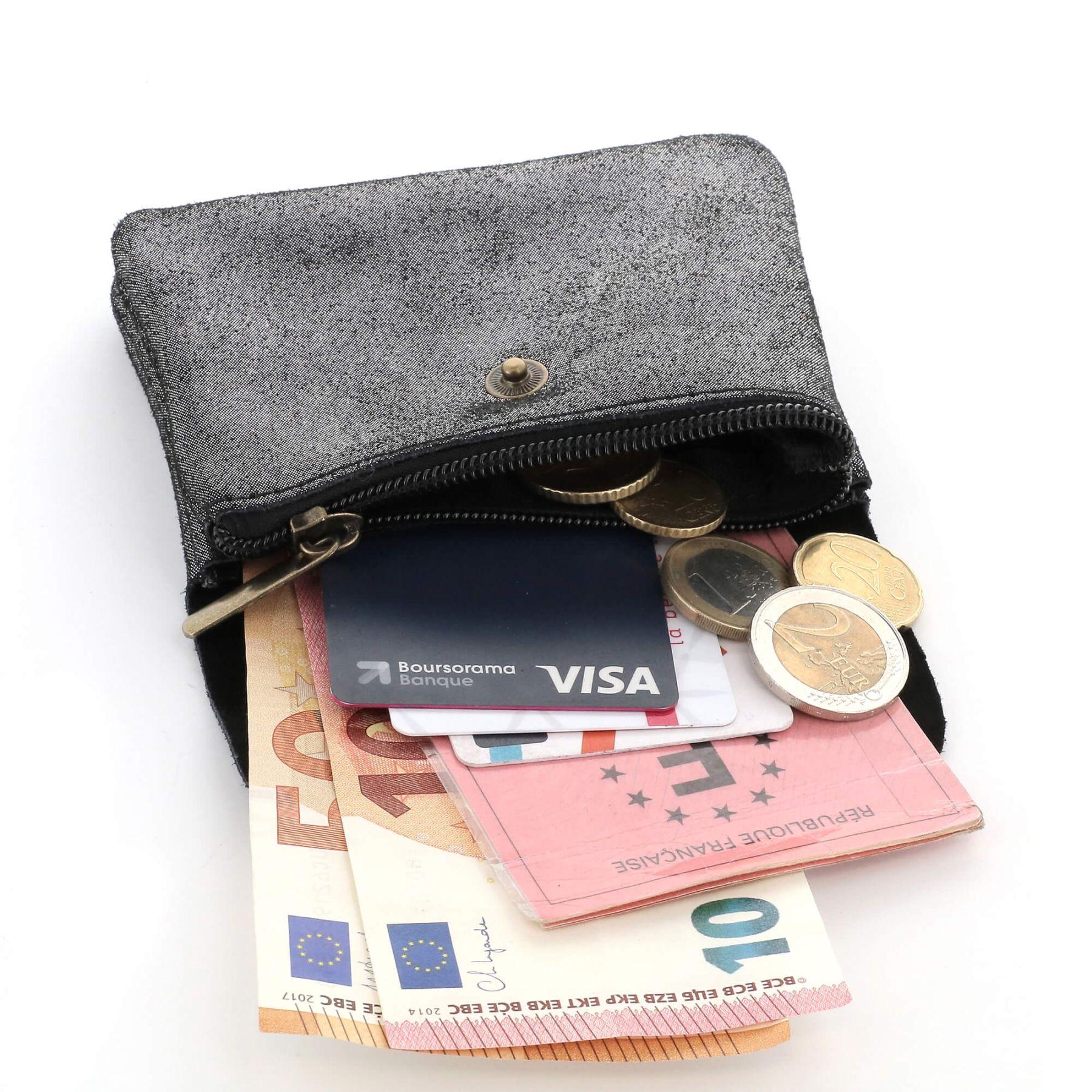 Made in Italy Petit Porte-Monnaie Cartes Format Court en Cuir Daim Irisé pour Femme Noir