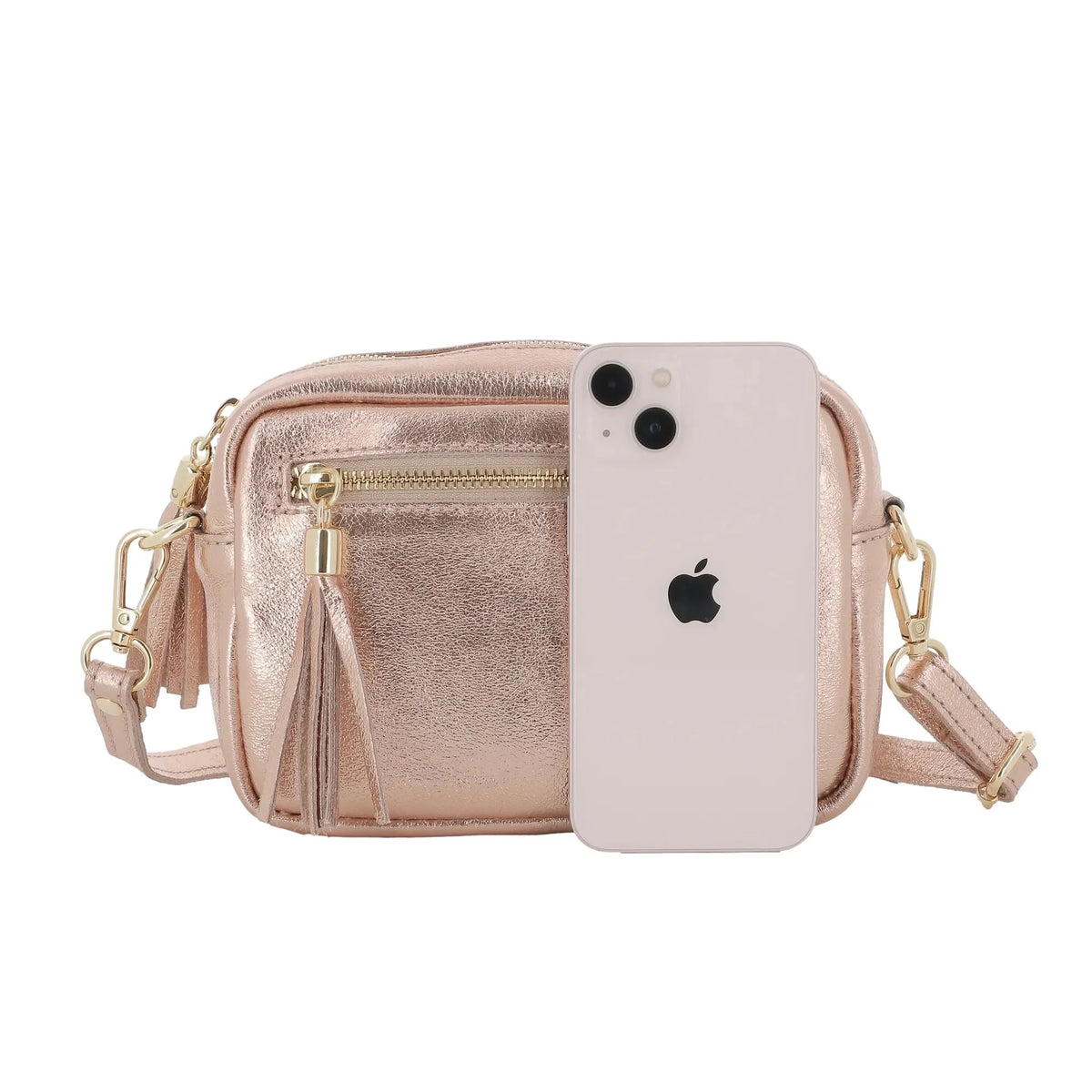 Vue 5 du Petit sac bandoulière carré cuir irisé Or Rose en Cuir couleur OR ROSE - Detail.