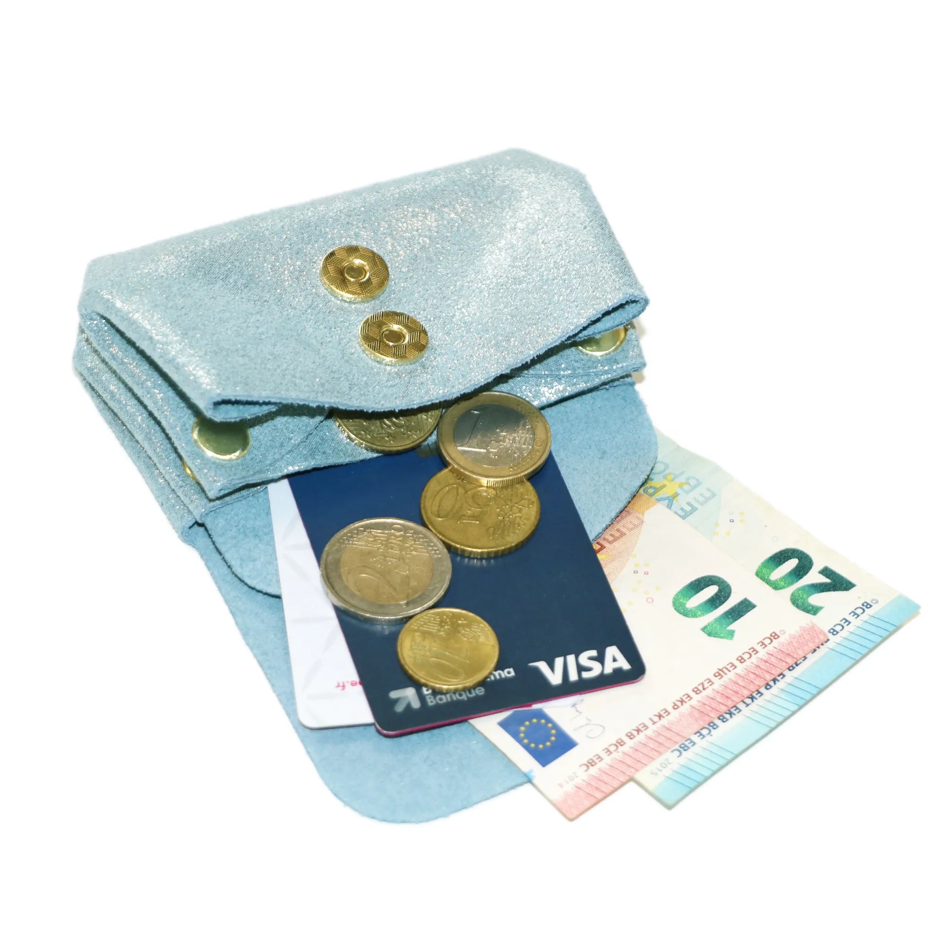 Vue 4 du Porte-monnaie bourse cuir daim irisé 04P Bleu Clair en Cuir couleur BLEU CLAIR - Detail.