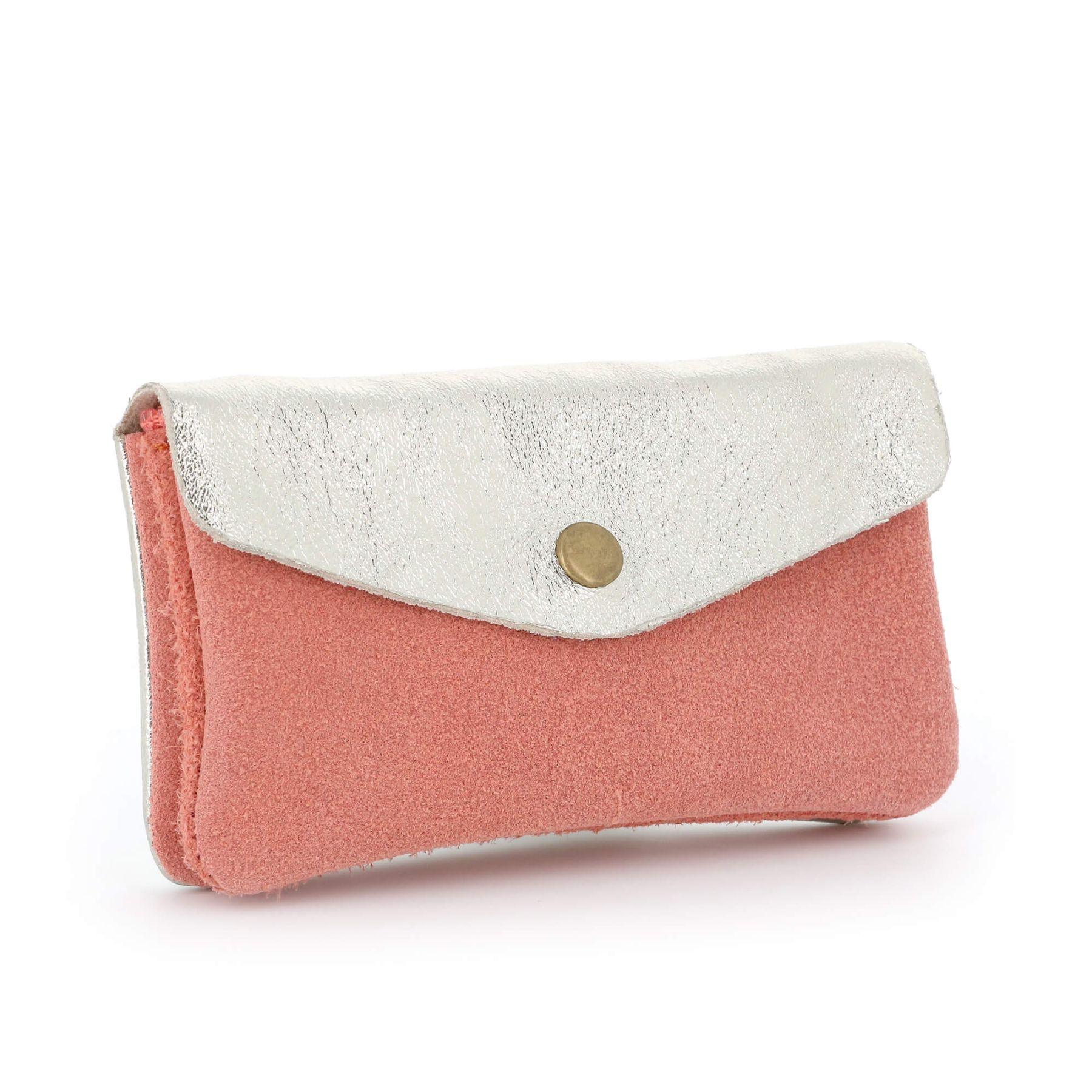 Made in Italy Porte-Monnaie Cartes Mi-long Cuir Suède Irisé A 2 Tons Femme Corail