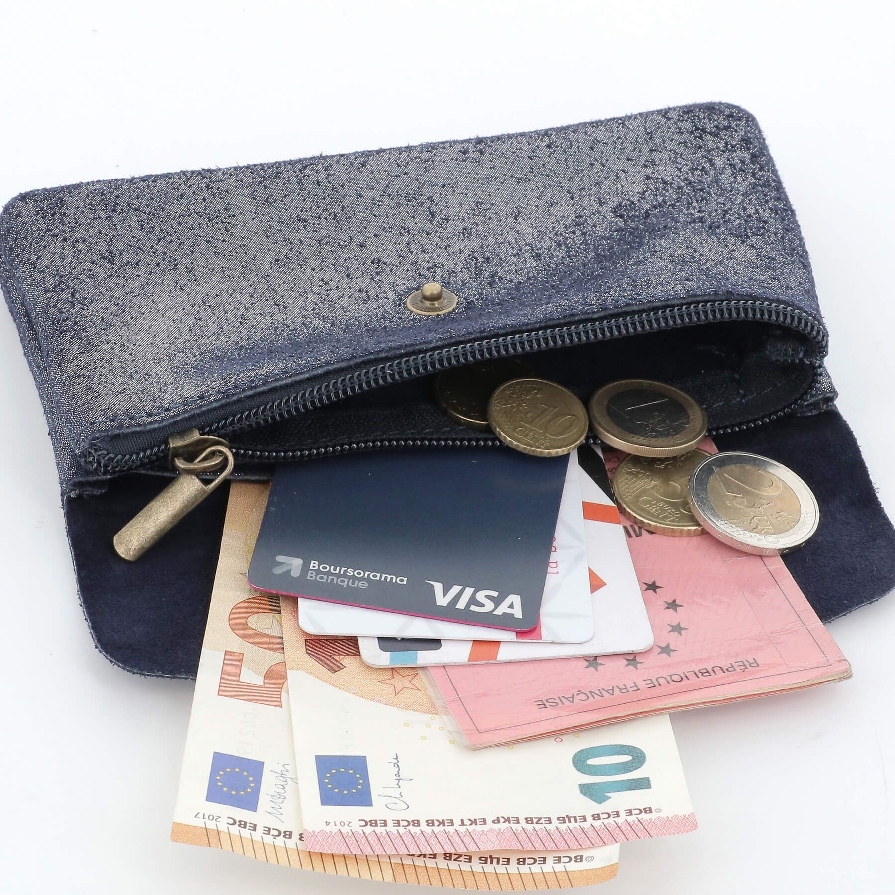 Made in Italy Porte-Monnaie Cartes Mi-long en Cuir Véritable Daim Irisé pour Femme Bleu Marine