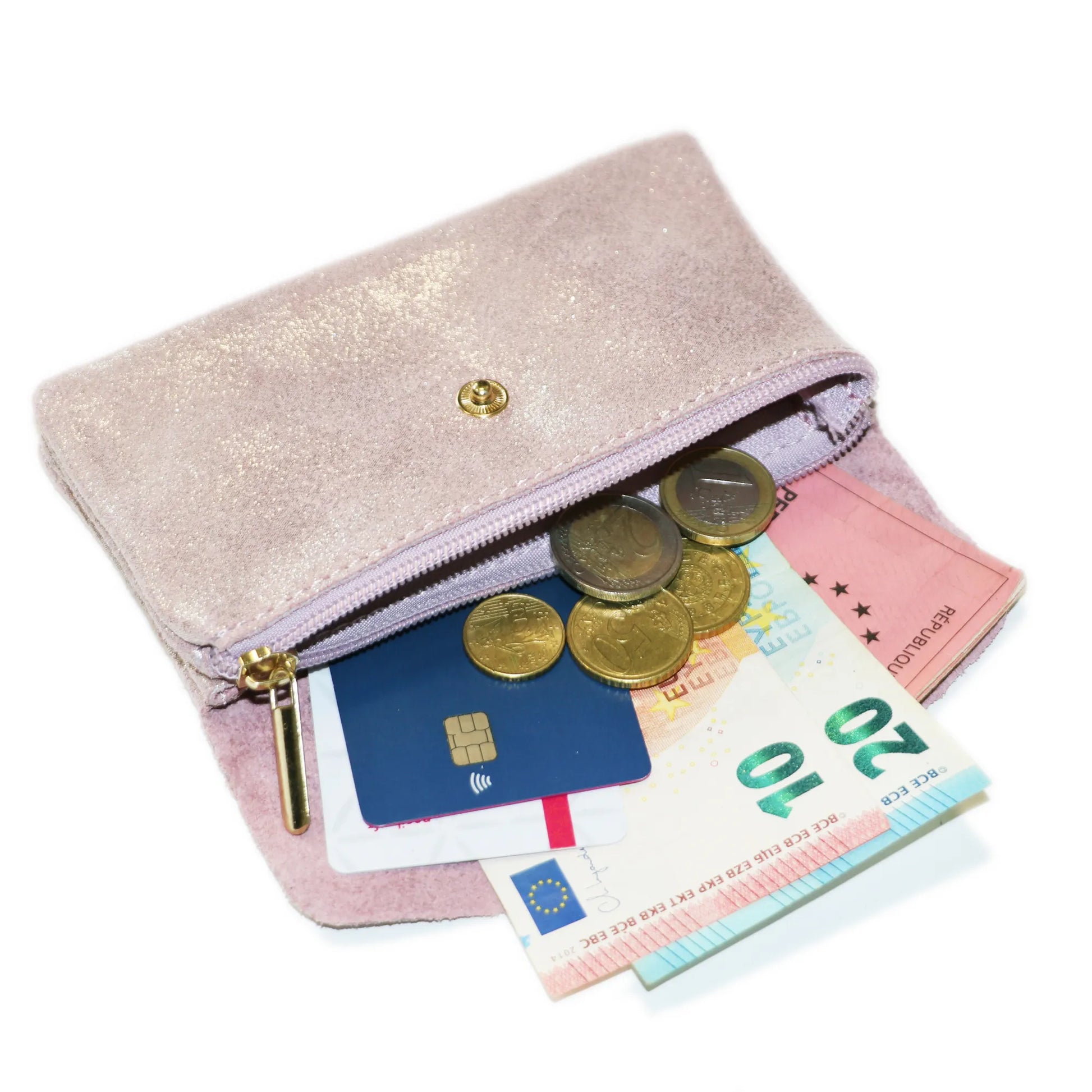Vue 5 du Porte-monnaie cuir daim irisé femme rose en Cuir couleur ROSE - Detail.