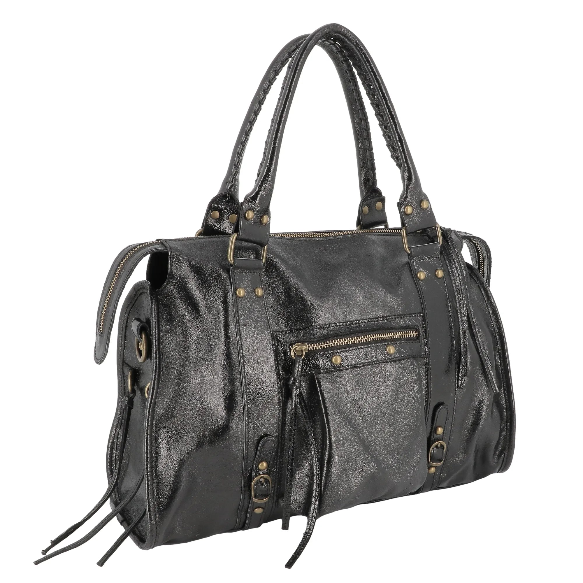 Vue 2 du Sac à main bowling en cuir irisé noir en Cuir véritable couleur NOIR IRISE - Détail.