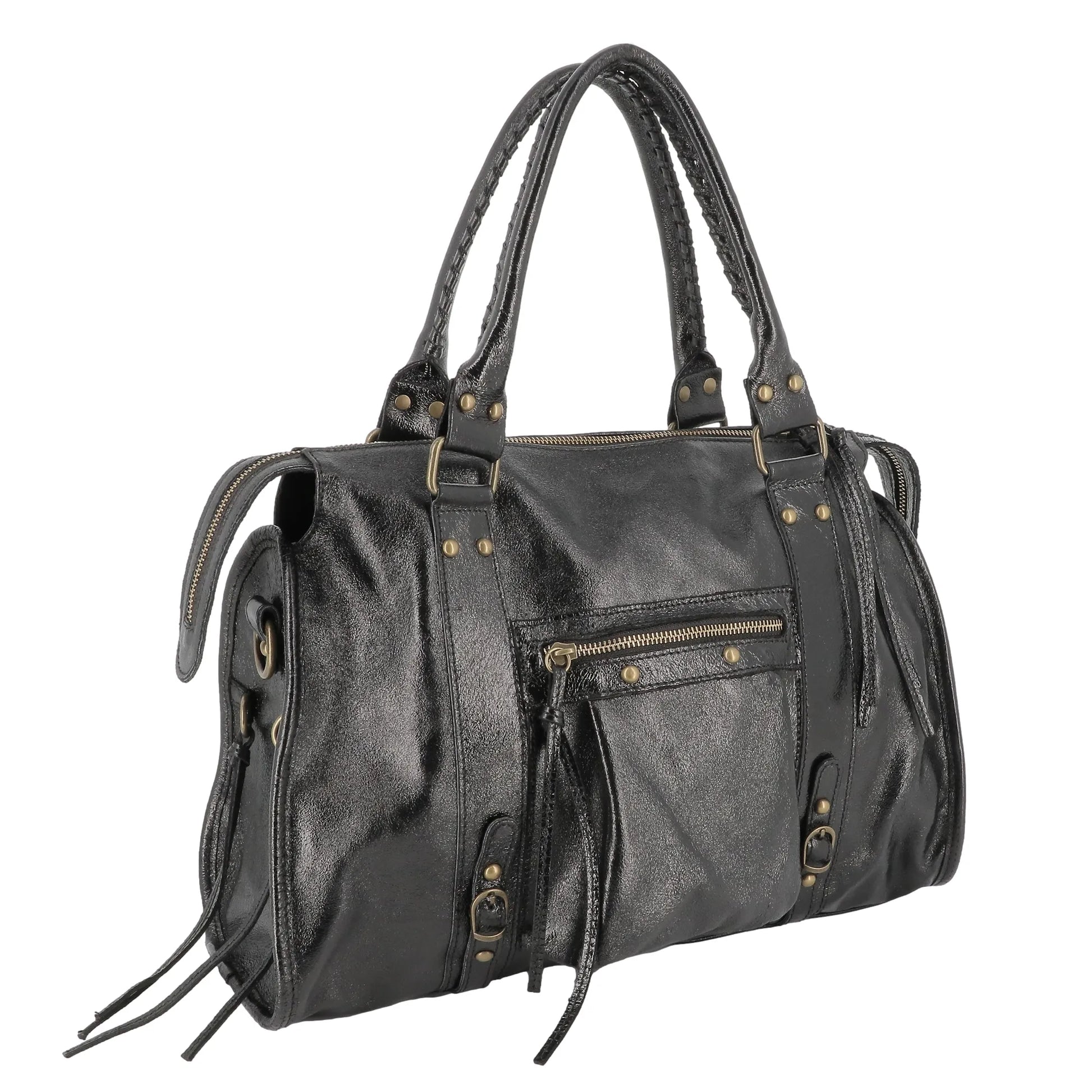 Vue 2 du Sac à main bowling en cuir irisé noir en Cuir véritable couleur NOIR IRISE - Détail.