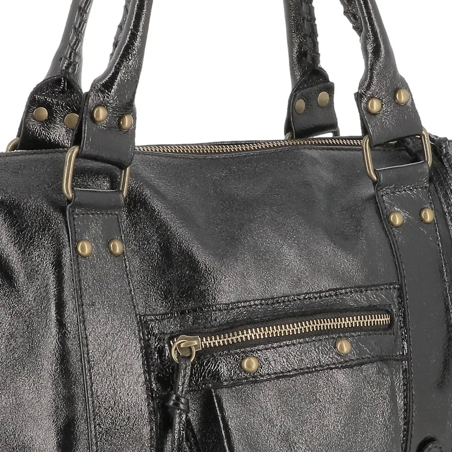 Vue 3 du Sac à main bowling en cuir irisé noir en Cuir véritable couleur NOIR IRISE - Détail.