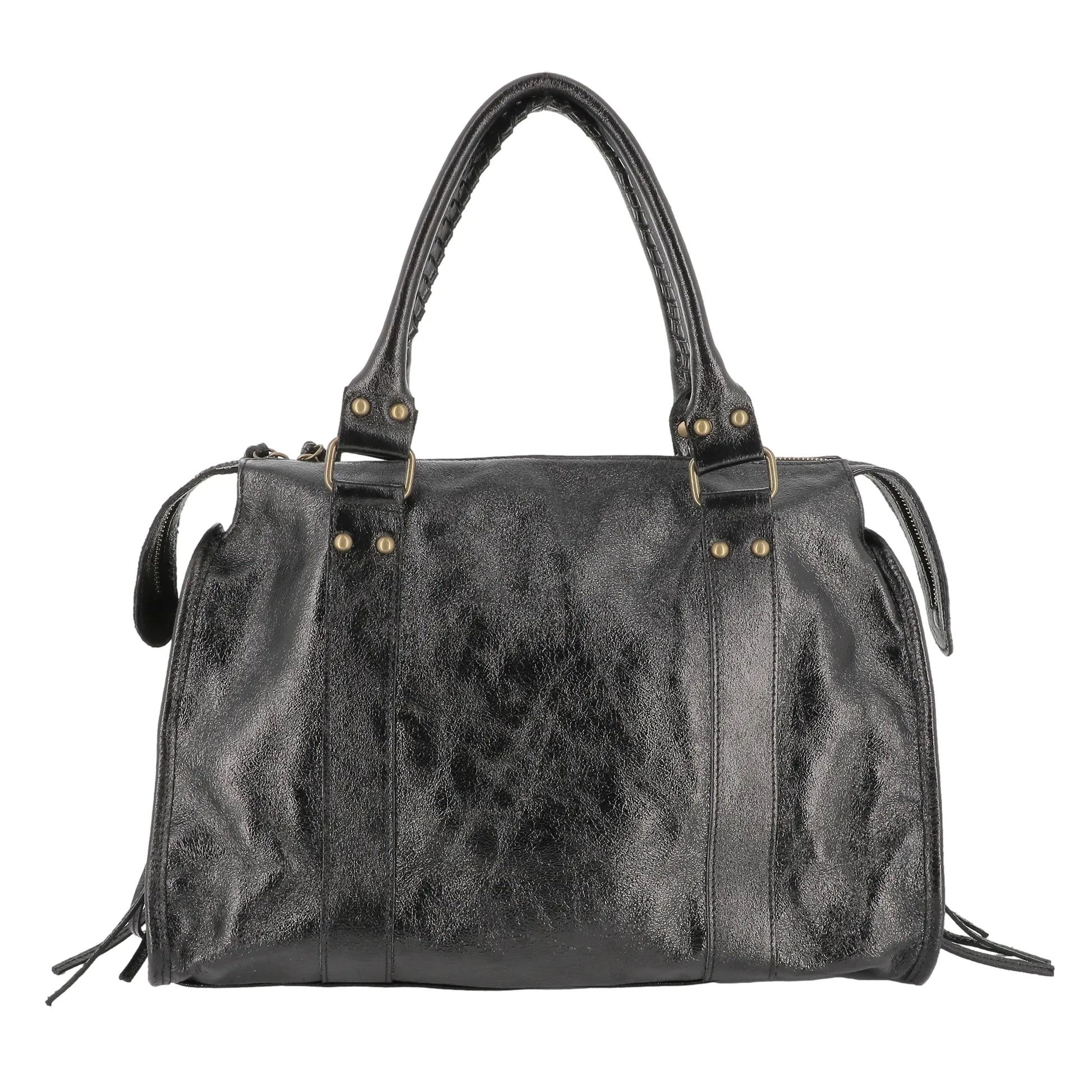 Vue 4 du Sac à main bowling en cuir irisé noir en Cuir véritable couleur NOIR IRISE - Détail.