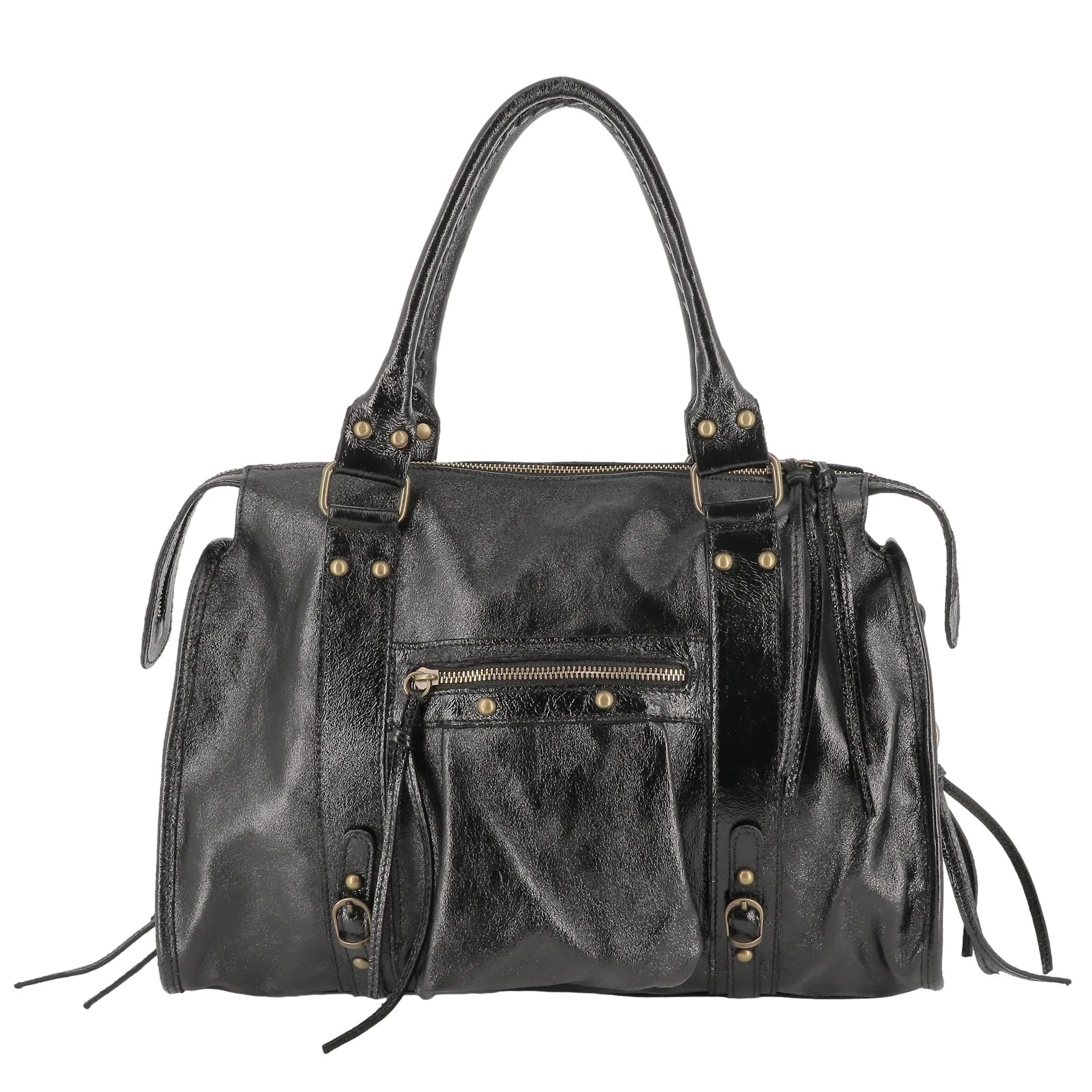 Vue principale du Sac à main bowling en cuir irisé noir en Cuir véritable couleur NOIR IRISE.