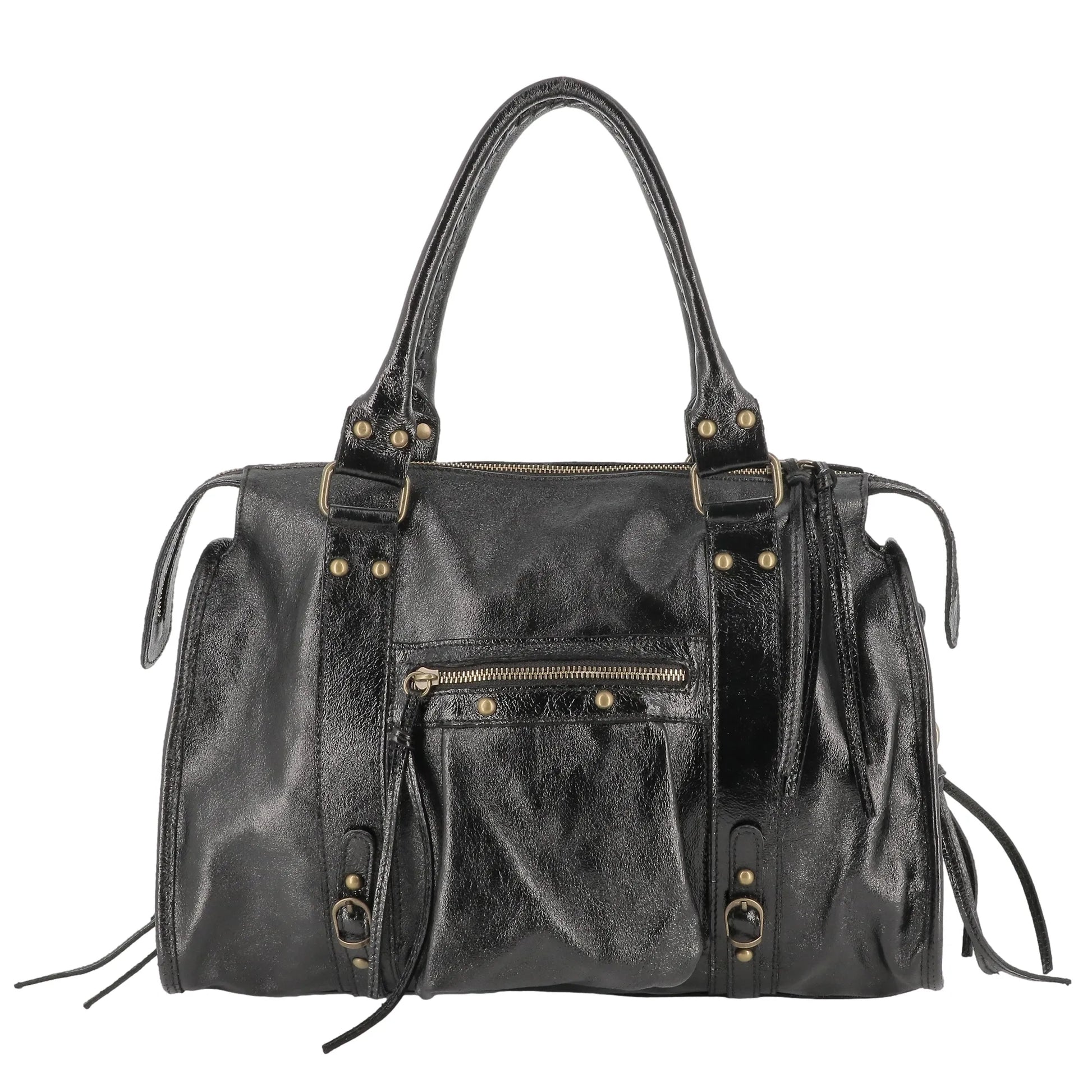 Vue principale du Sac à main bowling en cuir irisé noir en Cuir véritable couleur NOIR IRISE.