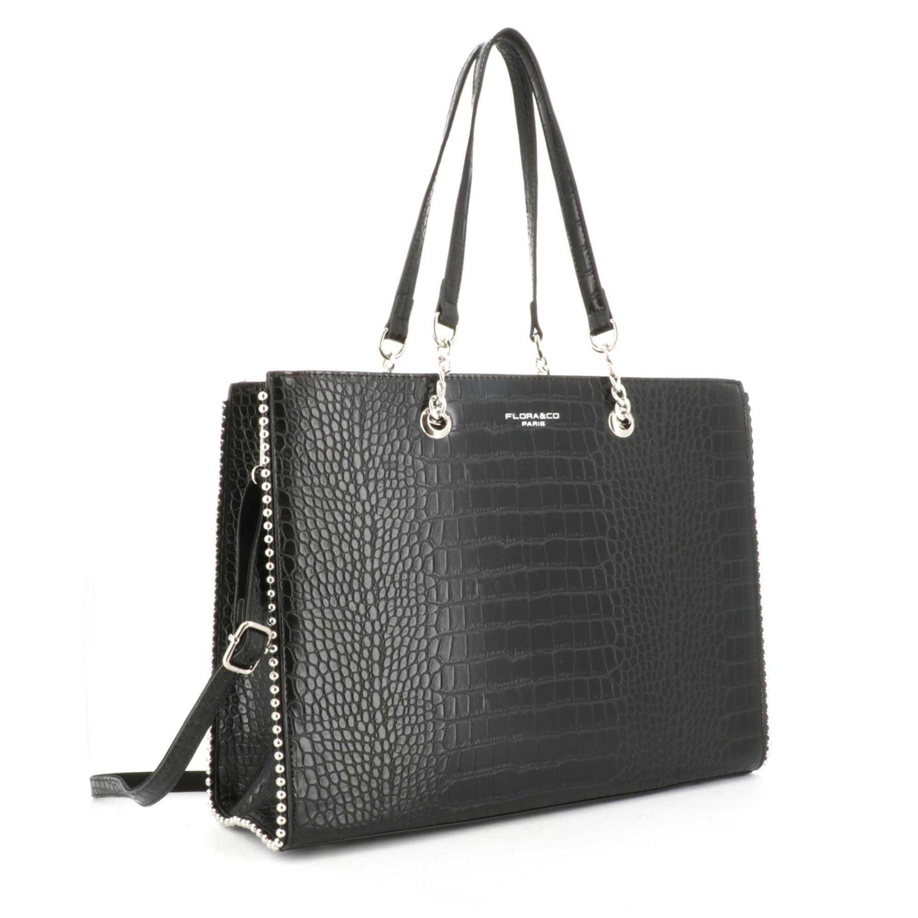 Flora & co Sac A Main Fourre-tout Cours Fille A4 Chaîne Perles Effet Croco NOIR