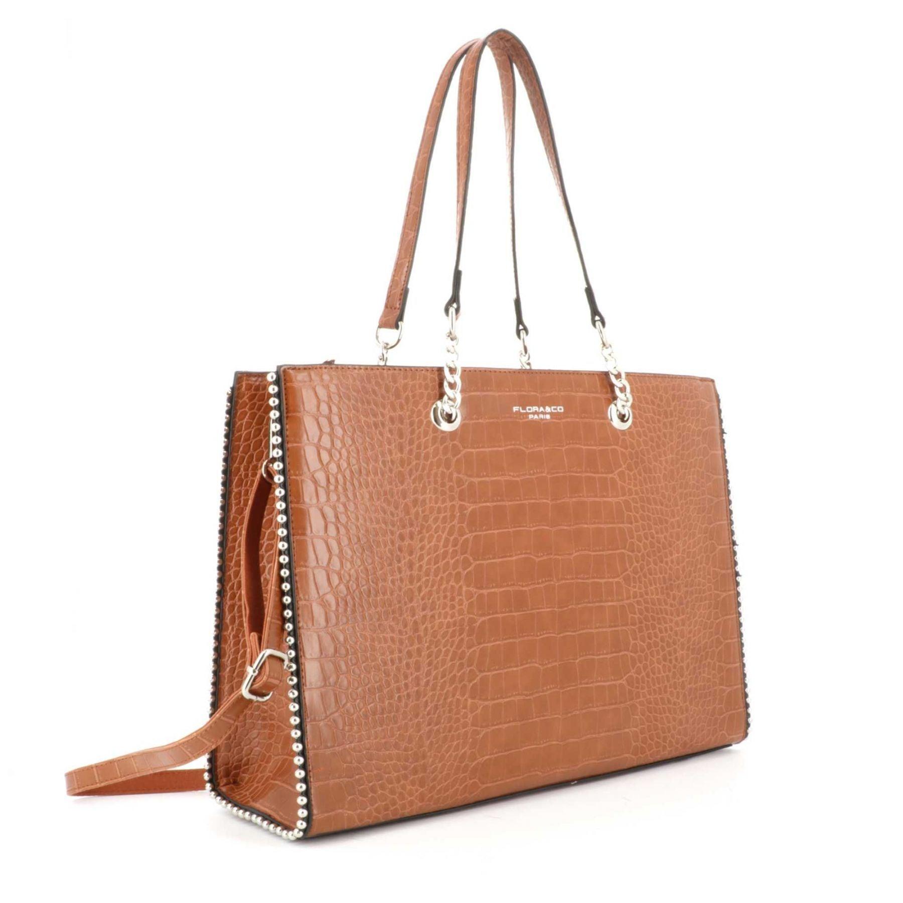 Flora & co Sac A Main Fourre-tout Cours Fille A4 Chaîne Perles Effet Croco CAMEL