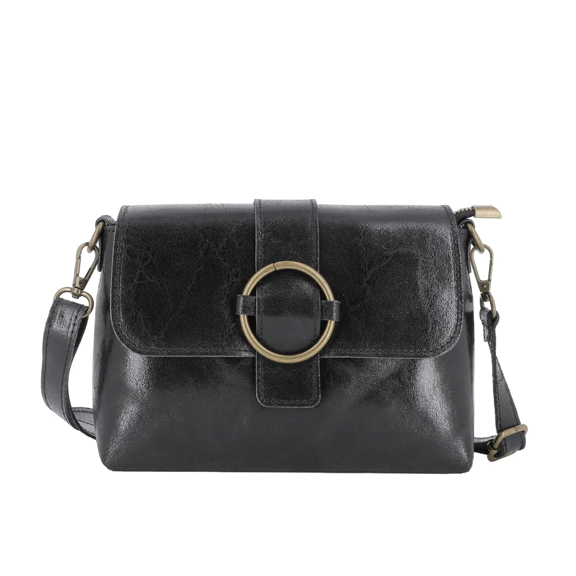 Vue principale du Sac bandoulière cuir lisse irisé boucle vintage Noir en Cuir couleur NOIR.