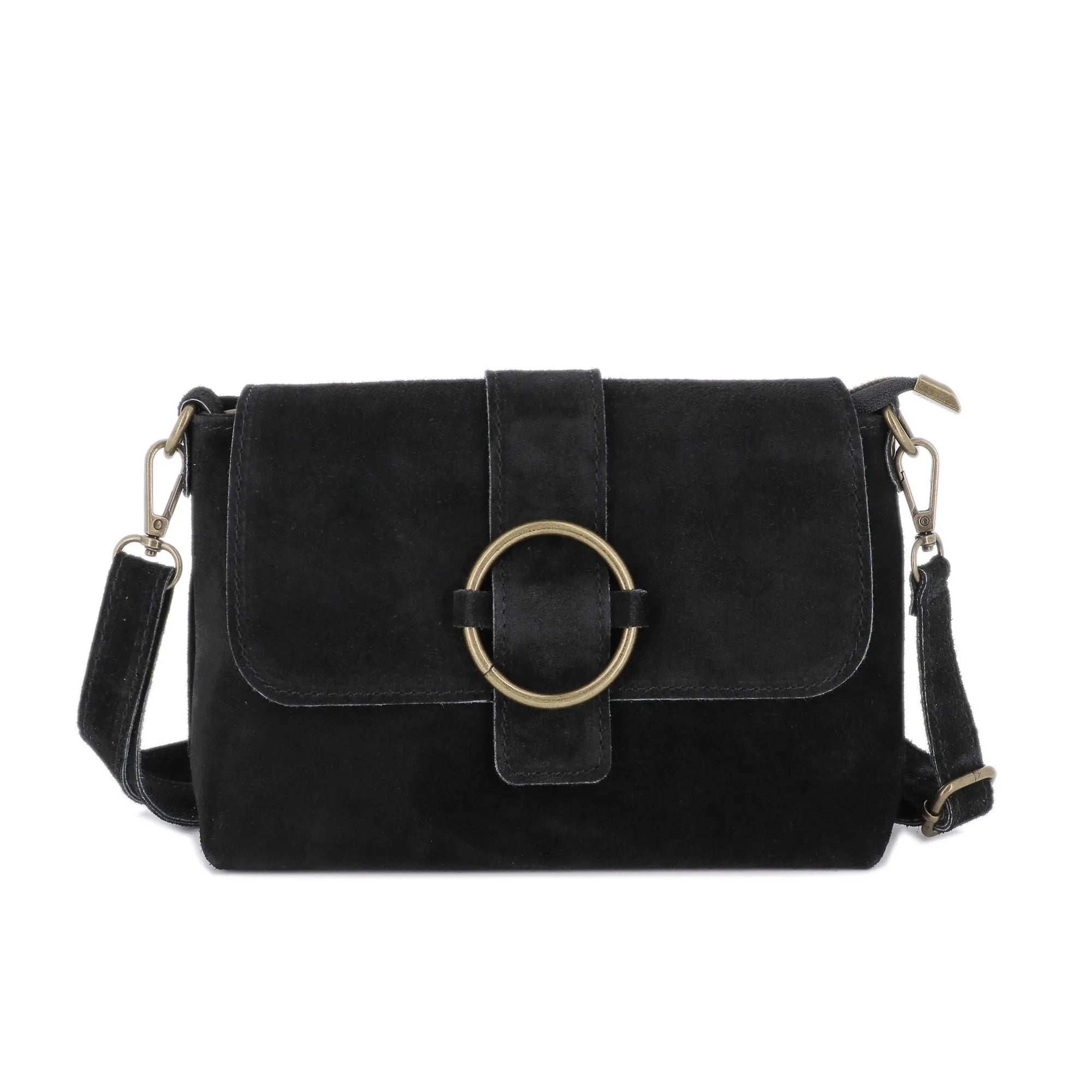 Vue principale du Sac bandoulière cuir suédine boucle vintage Noir en Cuir couleur NOIR.