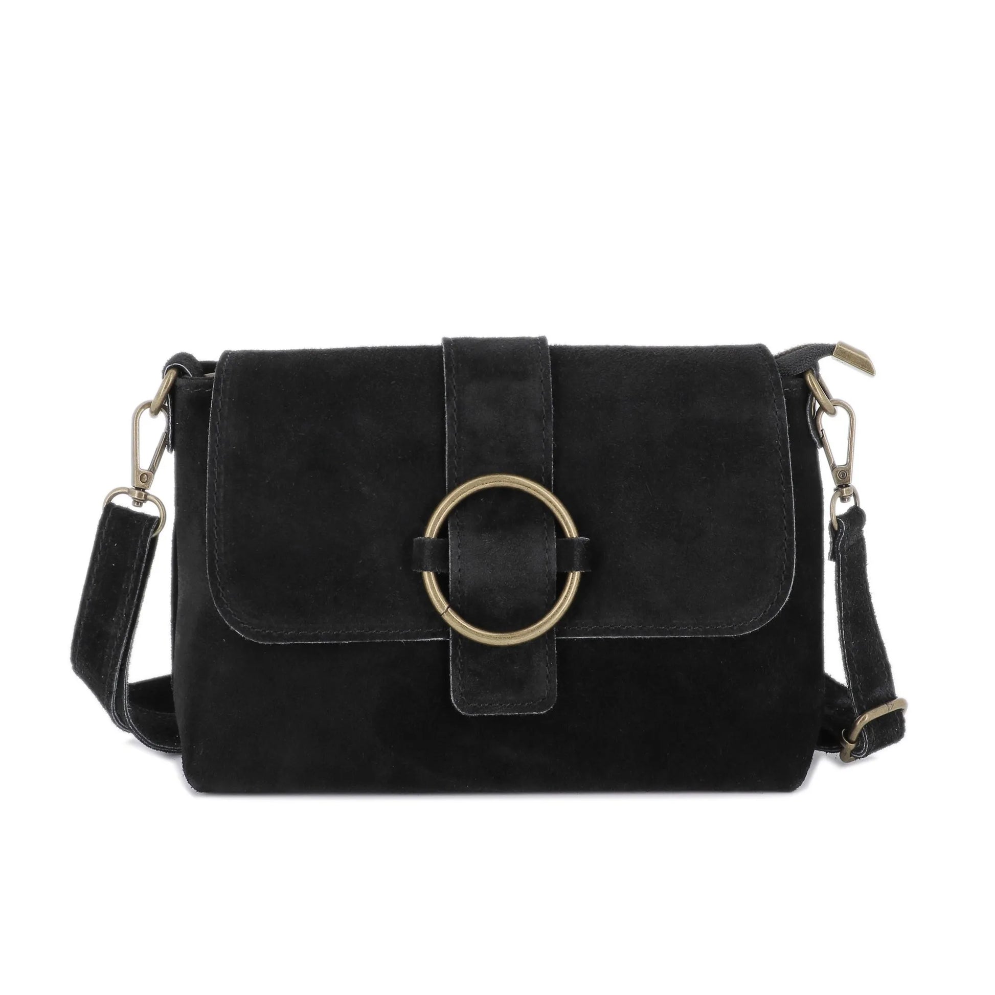 Vue principale du Sac bandoulière cuir suédine boucle vintage Noir en Cuir couleur NOIR.