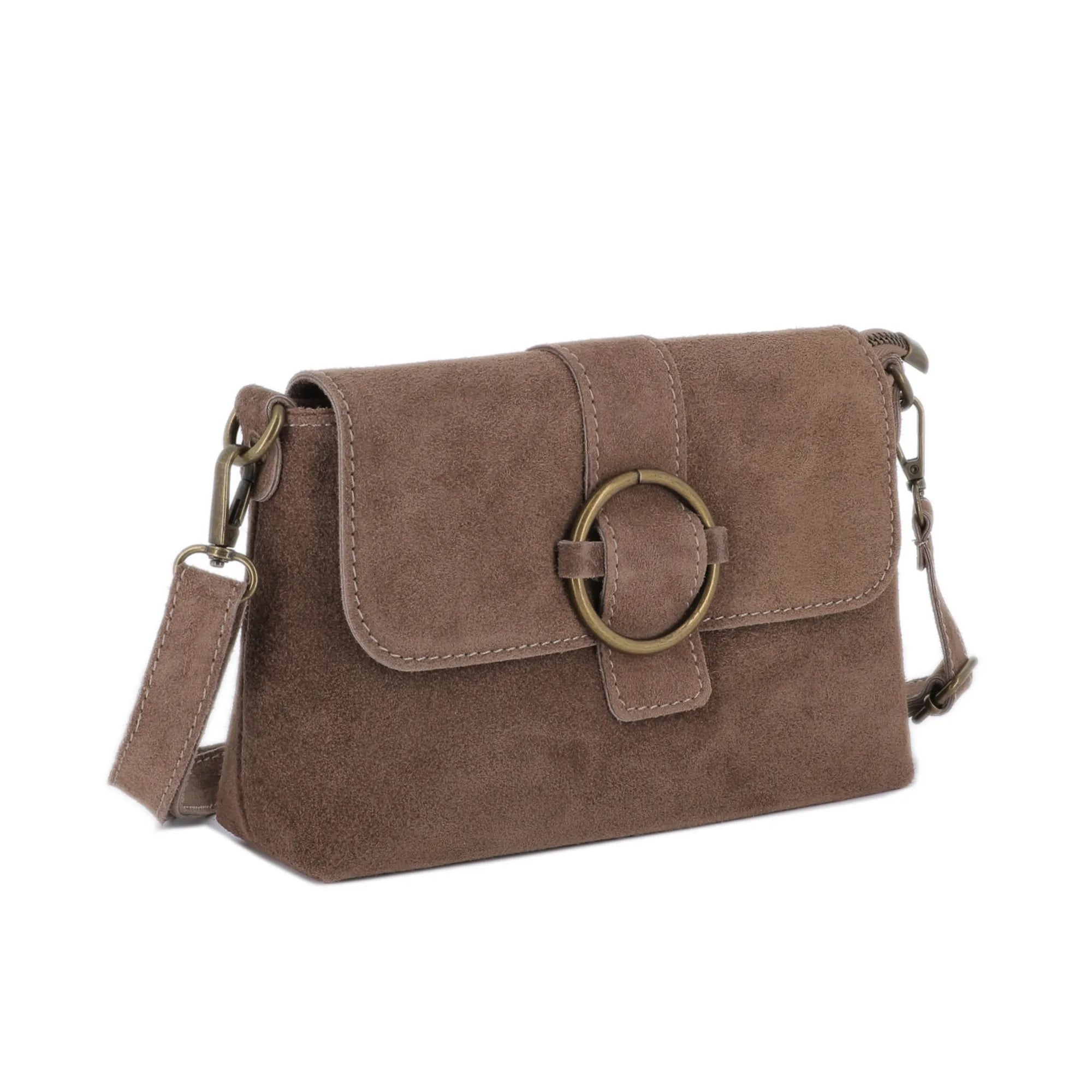Vue 2 du Sac bandoulière cuir suédine boucle vintage Taupe en Cuir couleur TAUPE - Detail.