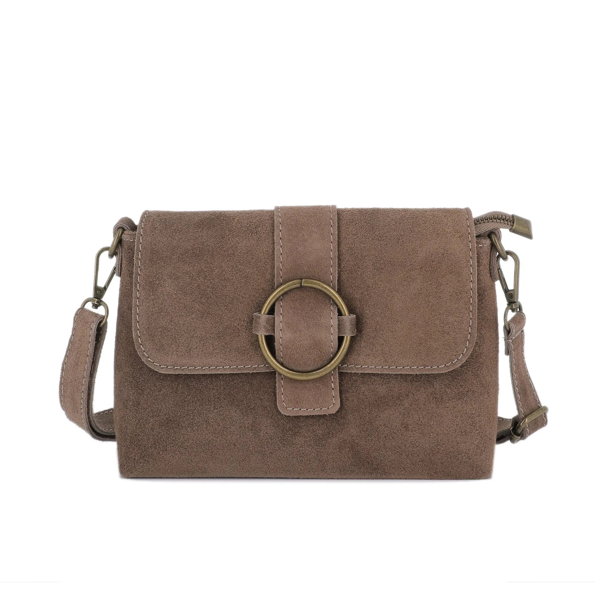 Vue principale du Sac bandoulière cuir suédine boucle vintage Taupe en Cuir couleur TAUPE.