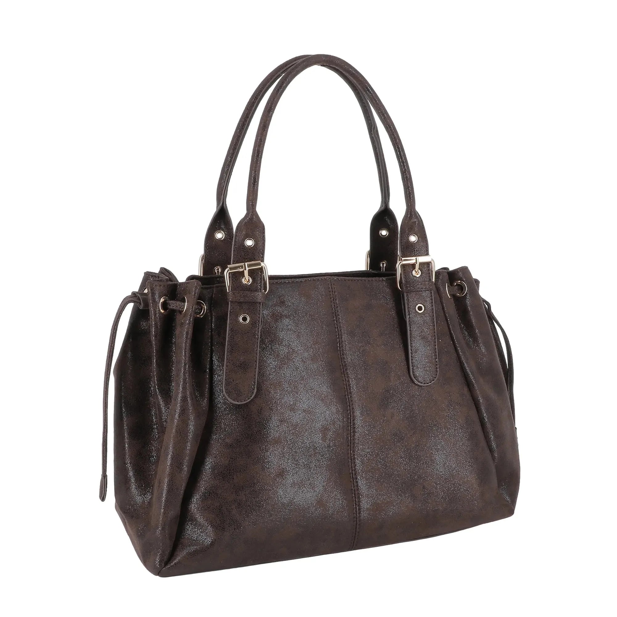 Vue 2 du Sac Bowling Femme Suédine Lacet Irisé Chocolat en Simili cuir couleur CHOCOLAT - Detail.