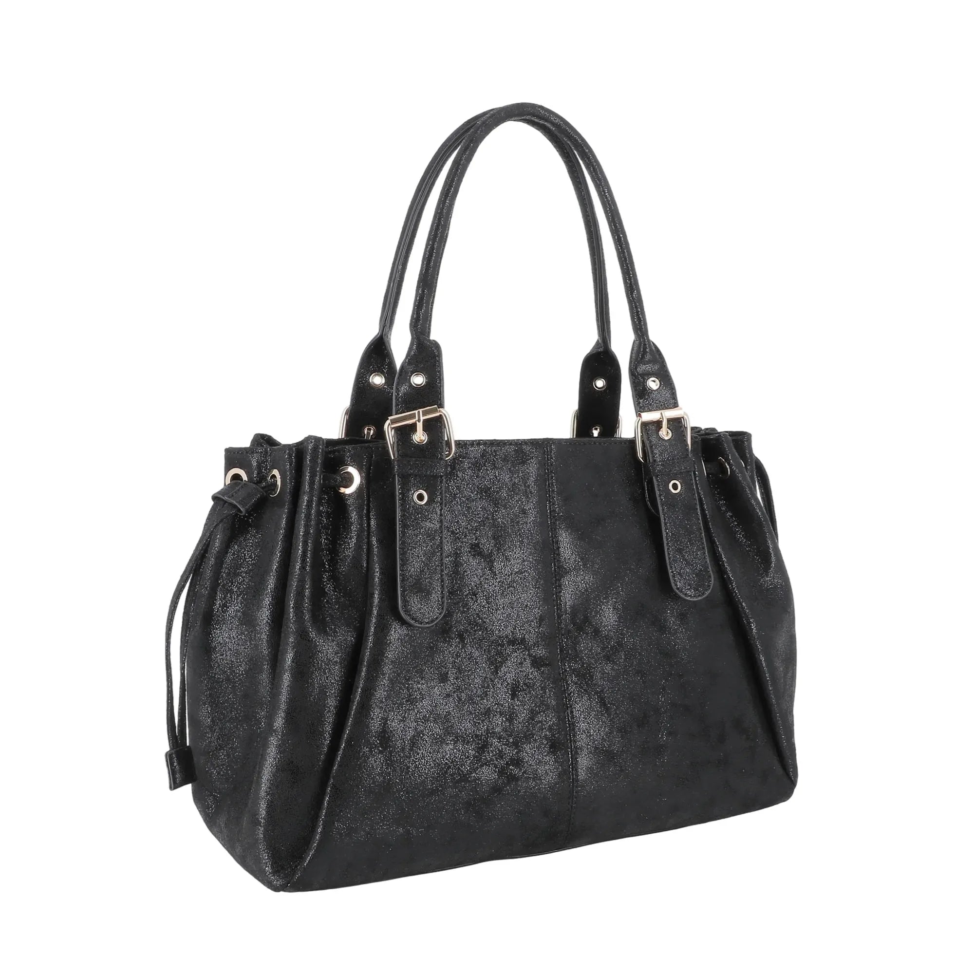 Vue 2 du Sac Bowling Femme Suédine Lacet Irisé Noir en Simili cuir couleur NOIR - Detail.