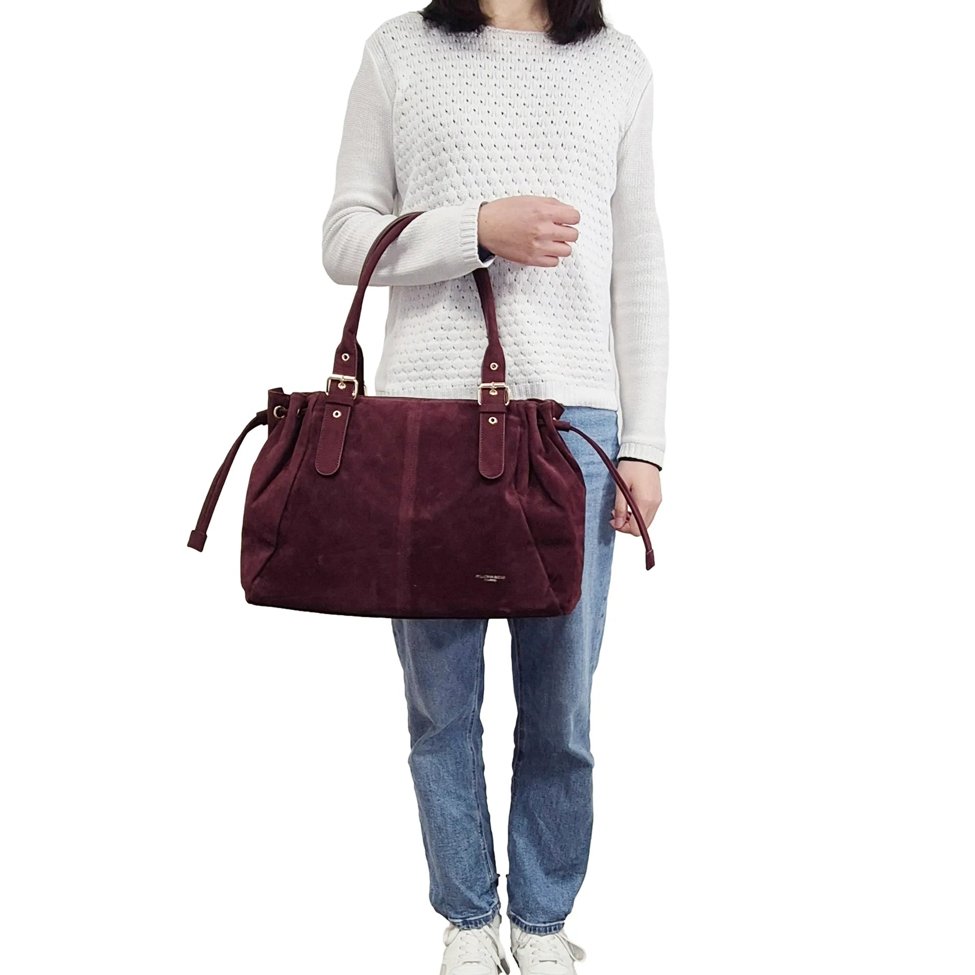 Vue 6 du Sac Cabas Bowling Lacet Suédé Bordeaux en Synthetique couleur BORDEAUX - Détail.