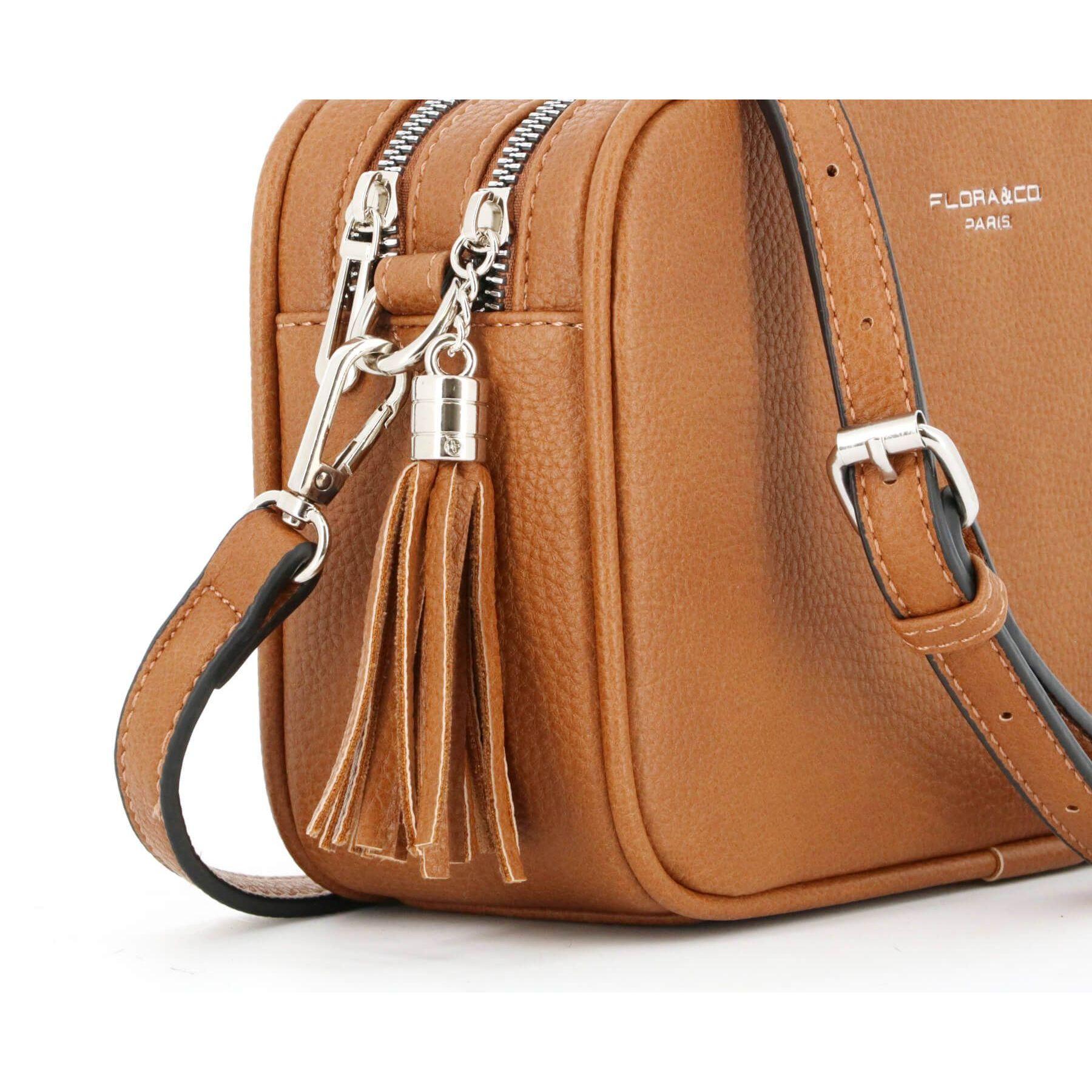 Flora & co Sac caméra bandoulière double zip frange Camel