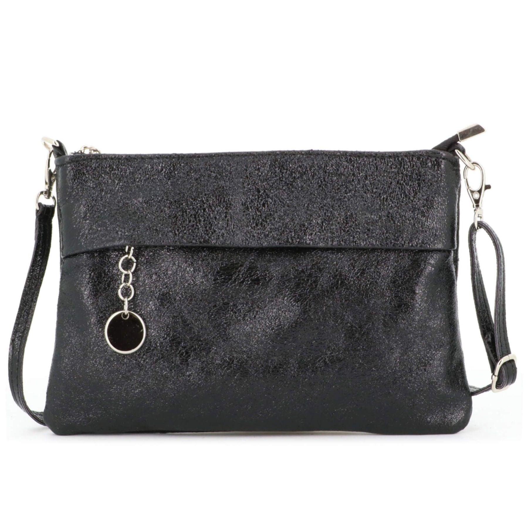 Made in Italy Pochette bandoulière cuir véritable irisé avec lanière Noir