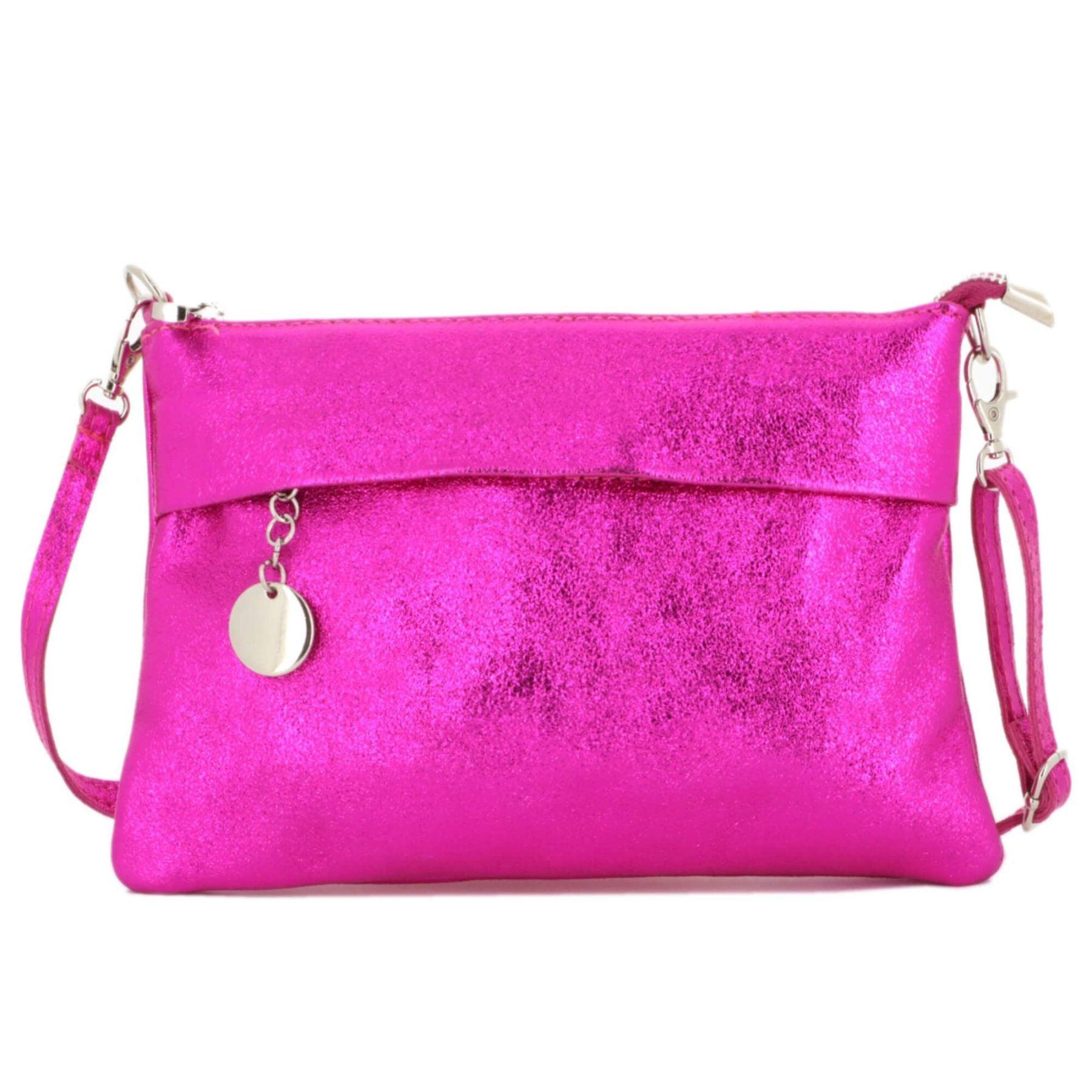 Made in Italy Pochette bandoulière cuir véritable irisé avec lanière Fushia