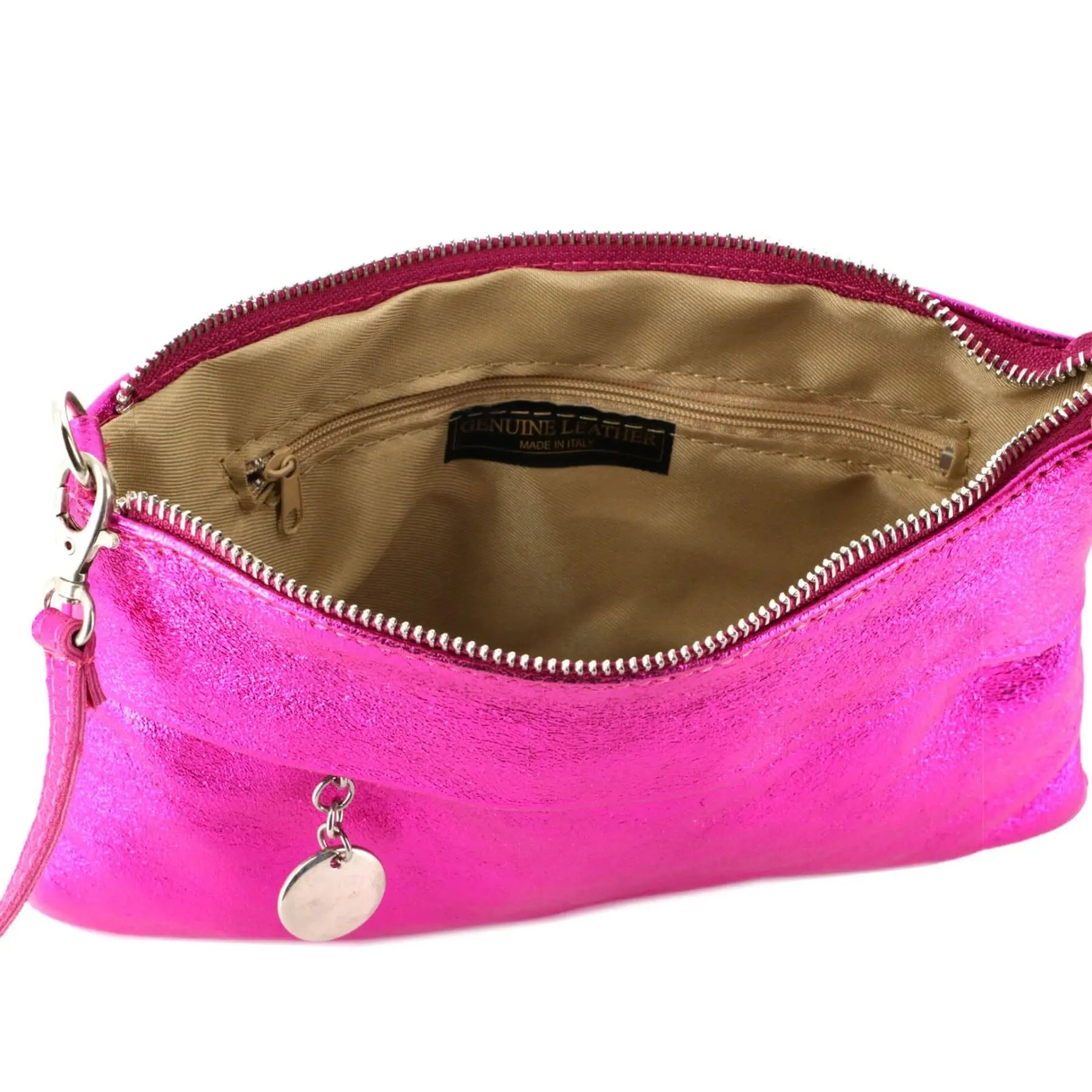 Made in Italy Pochette bandoulière cuir véritable irisé fushia