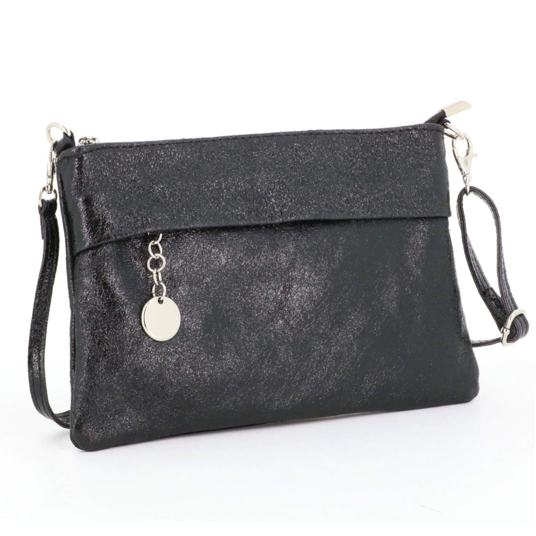 Made in Italy Pochette bandoulière cuir véritable irisé avec lanière Noir