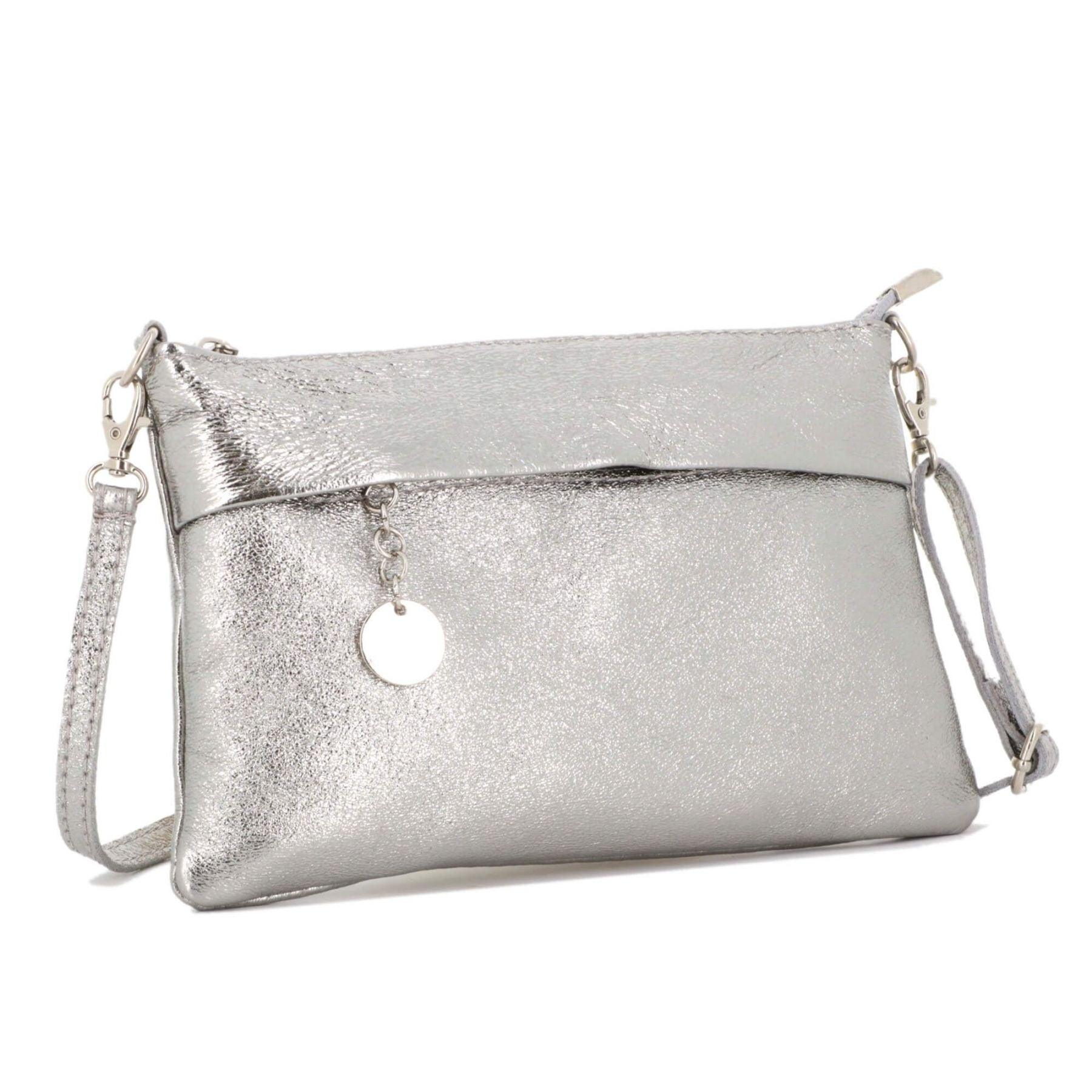 Made in Italy Pochette bandoulière cuir véritable irisé avec lanière Argent