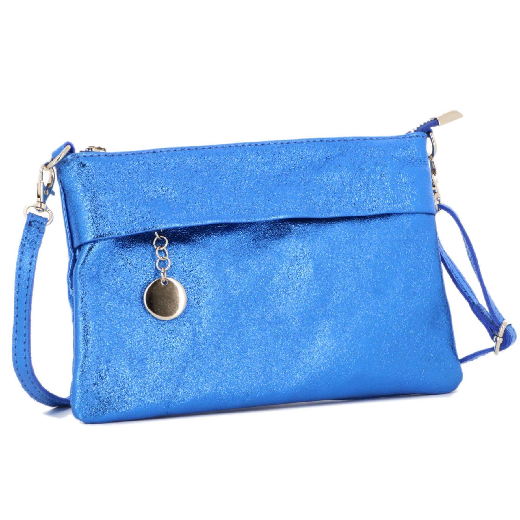 Made in Italy Pochette bandoulière cuir véritable irisé avec lanière Bleu