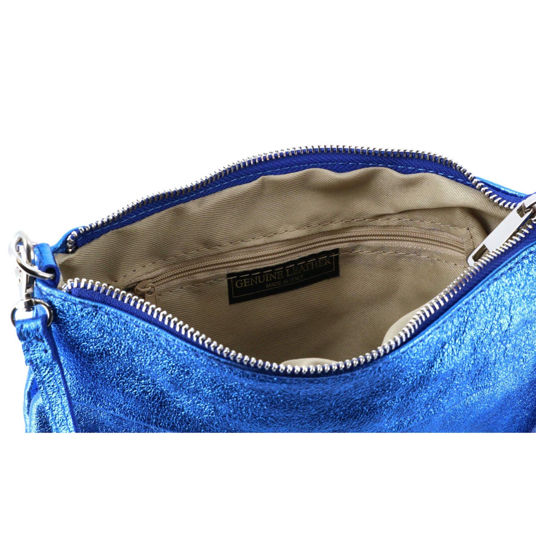 Made in Italy Pochette bandoulière cuir véritable irisé avec lanière Bleu