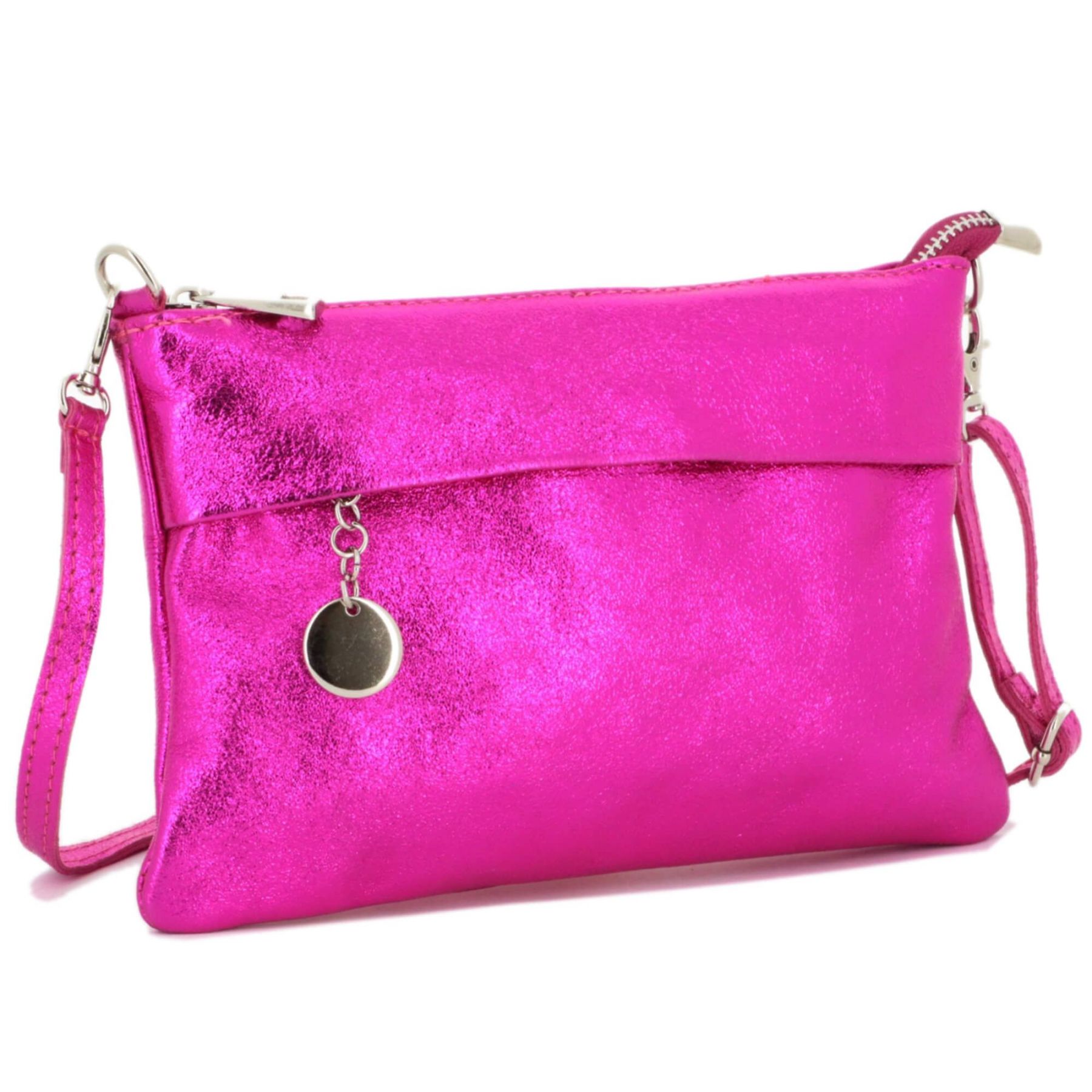 Made in Italy Pochette bandoulière cuir véritable irisé avec lanière Fushia