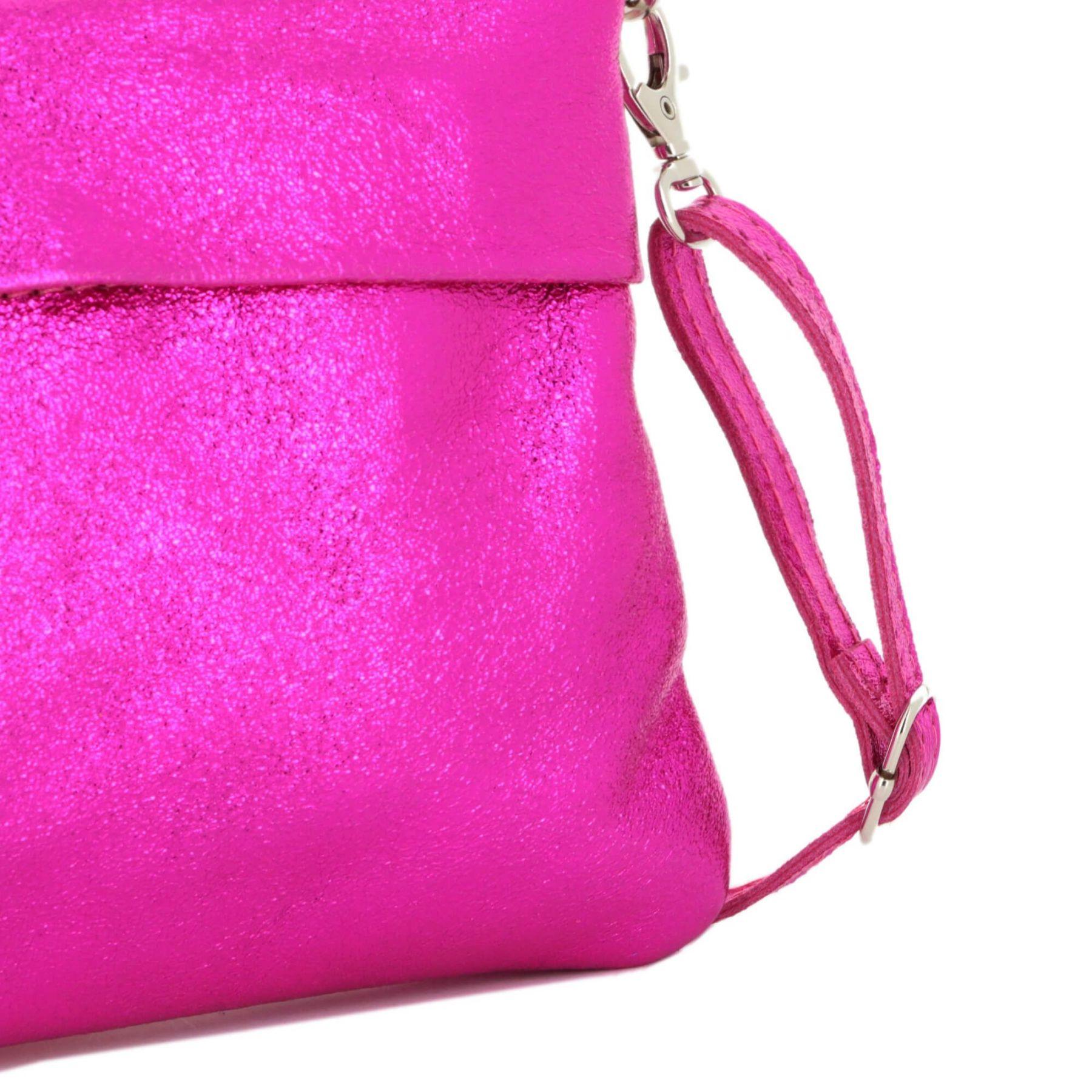 Made in Italy Pochette bandoulière cuir véritable irisé avec lanière Fushia