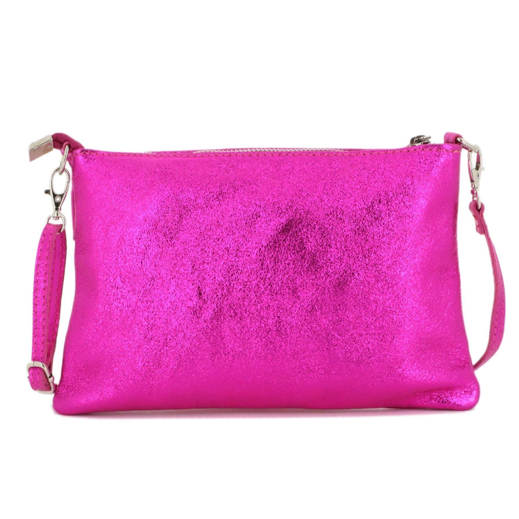 Made in Italy Pochette bandoulière cuir véritable irisé avec lanière Fushia