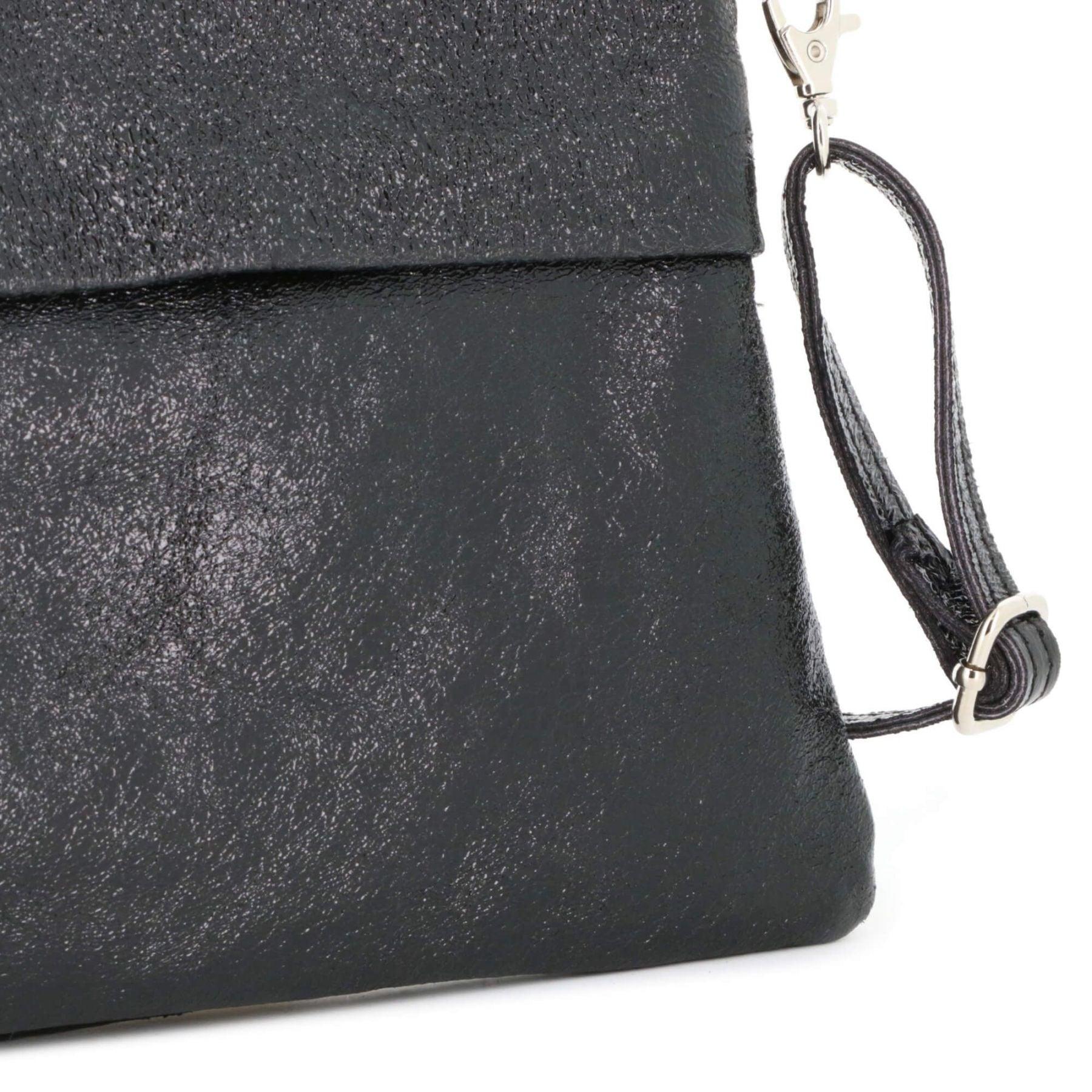 Made in Italy Pochette bandoulière cuir véritable irisé avec lanière Noir