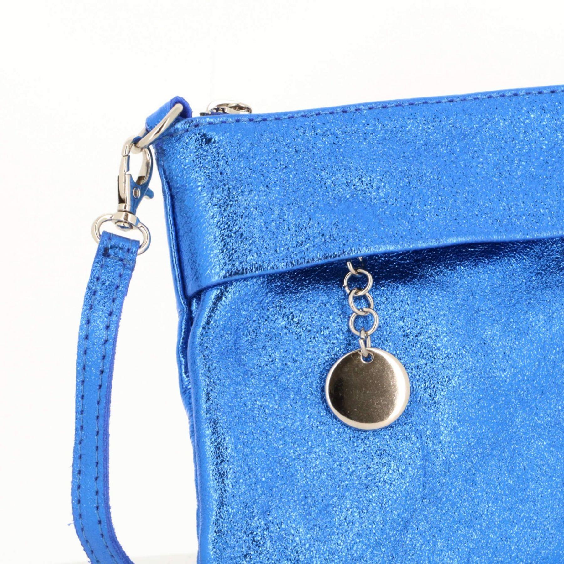 Made in Italy Pochette bandoulière cuir véritable irisé avec lanière Bleu