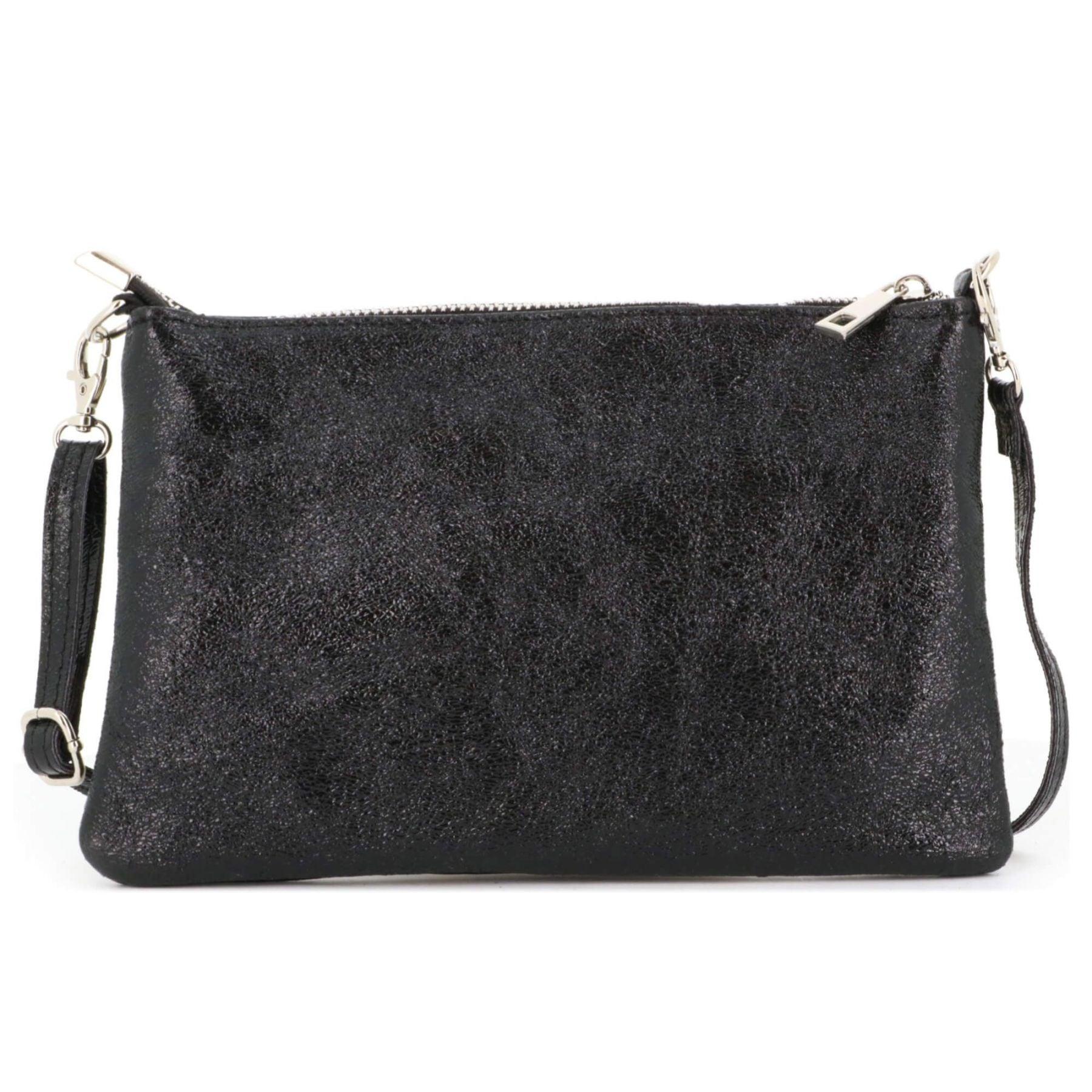 Made in Italy Pochette bandoulière cuir véritable irisé avec lanière Noir