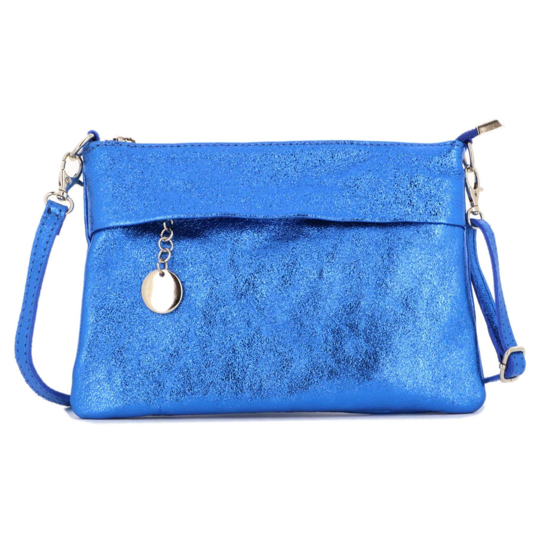 Made in Italy Pochette bandoulière cuir véritable irisé avec lanière Bleu