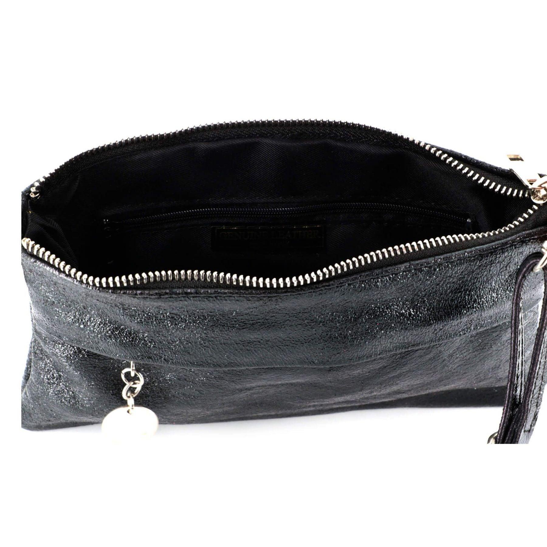 Made in Italy Pochette bandoulière cuir véritable irisé avec lanière Noir